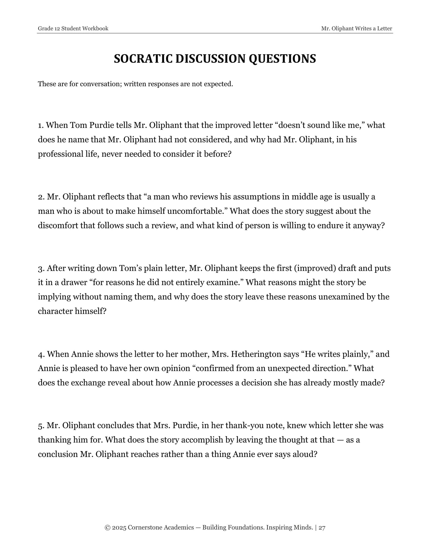 Mr. Oliphant Writes a Letter | Grade 12 Classical Literature Packet | Cornerstone Academics
