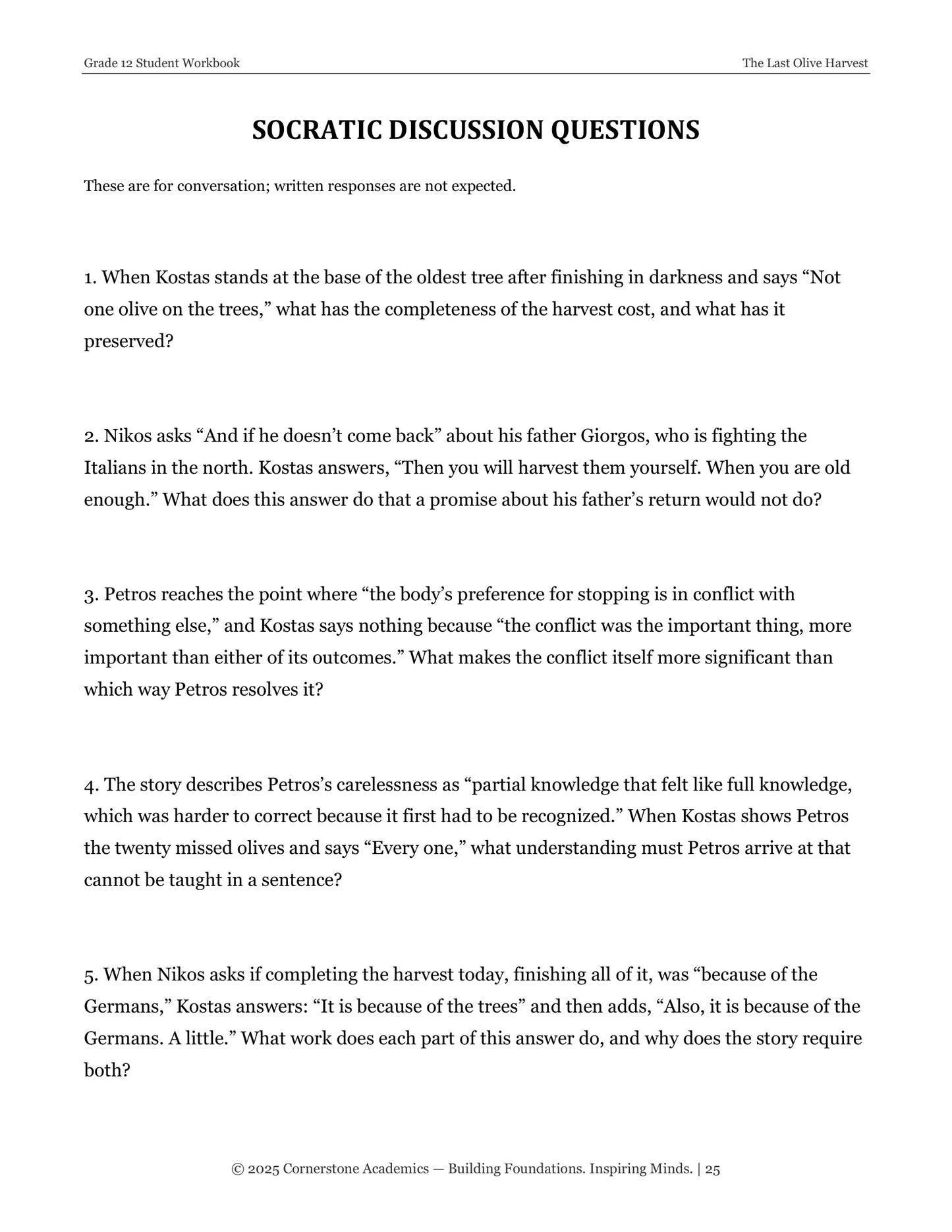 The Last Olive Harvest | Grade 12 Classical Literature Packet | Cornerstone Academics