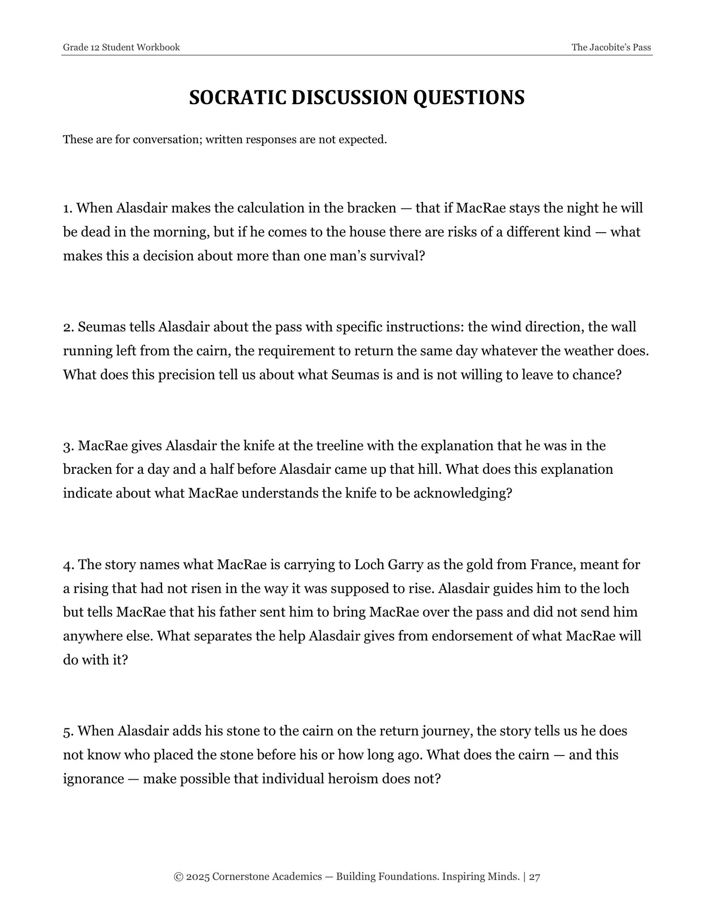 The Jacobite’s Pass | Grade 12 Classical Literature Packet | Cornerstone Academics