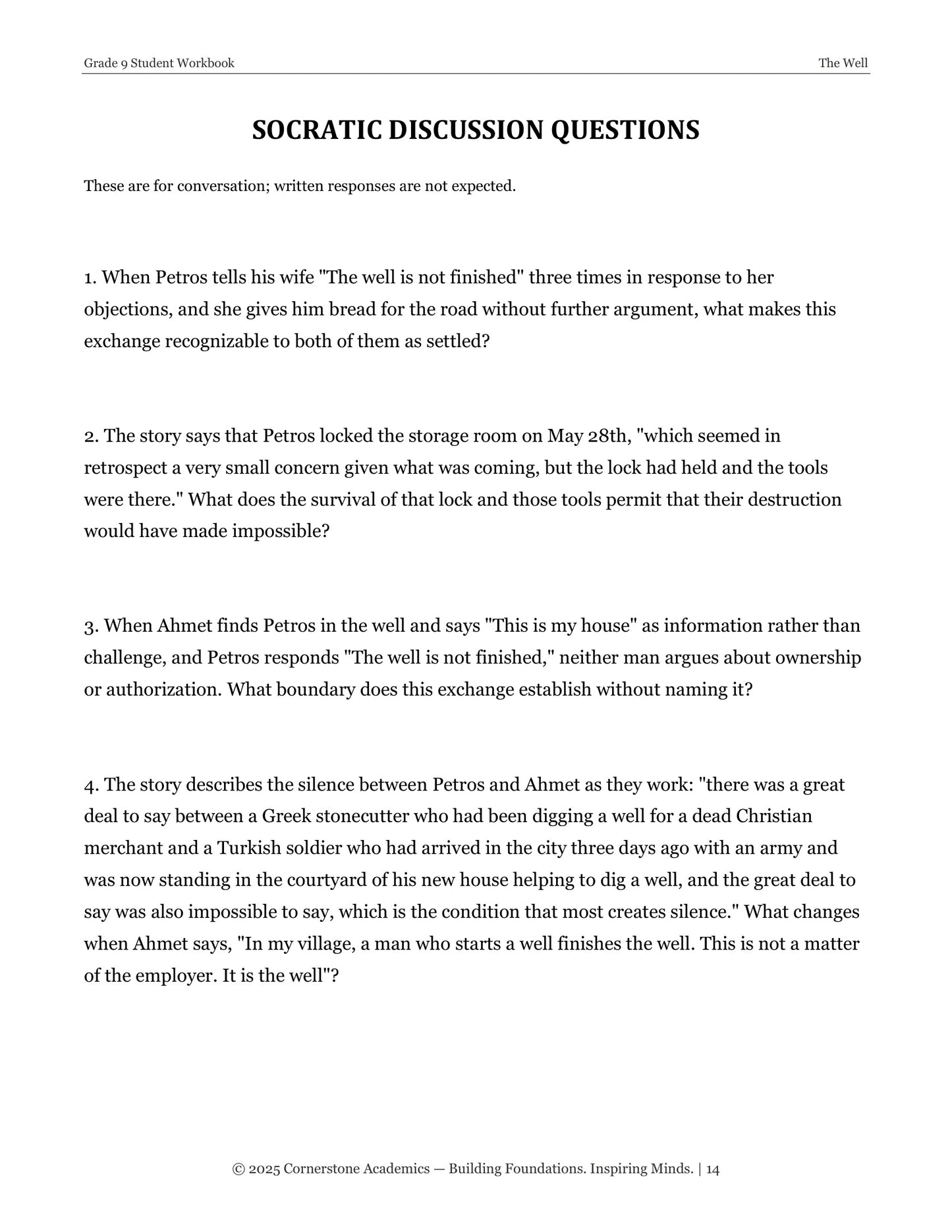 The Well | Grade 9 Classical Literature Packet | Cornerstone Academics