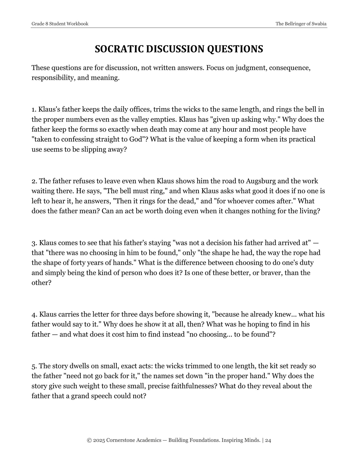 The Bellringer of Swabia | Grade 8 Classical Literature Packet | Cornerstone Academics