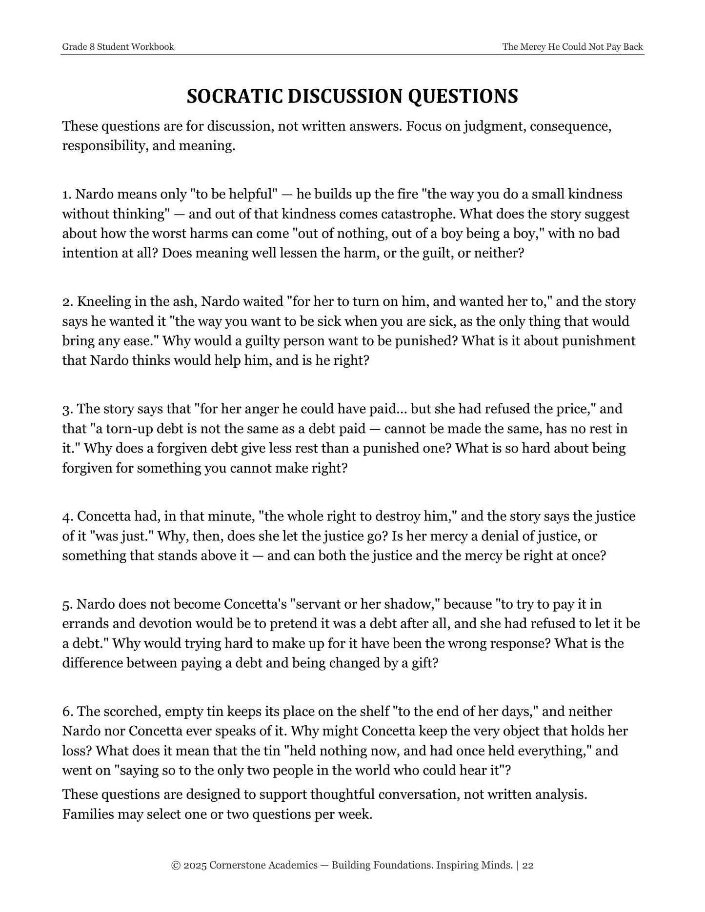 The Mercy He Could Not Pay Back | Grade 8 Classical Literature Packet | Cornerstone Academics