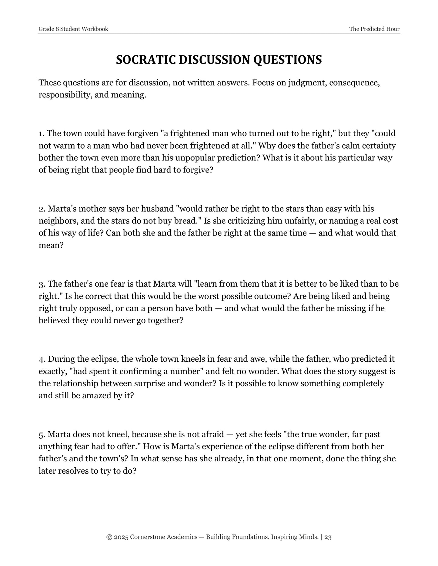 The Predicted Hour | Grade 8 Classical Literature Packet | Cornerstone Academics