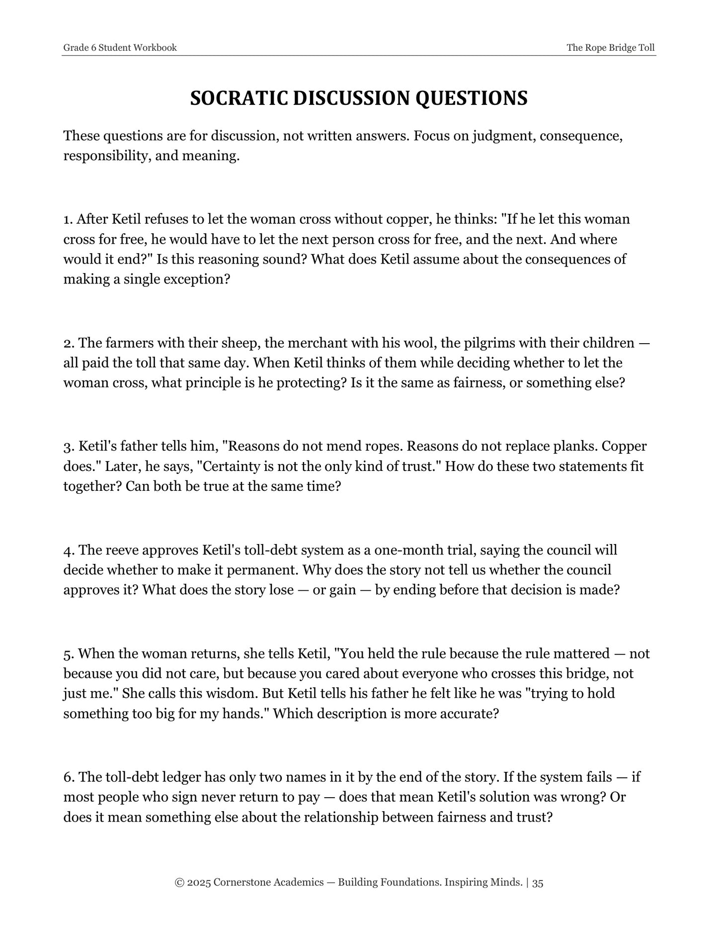 The Rope Bridge Toll | Grade 6 Classical Literature Packet | Cornerstone Academics