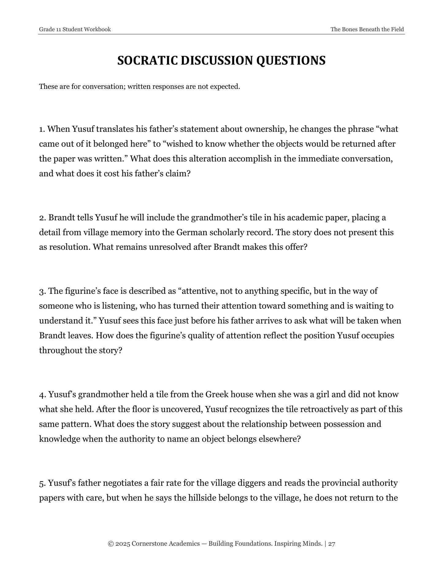 The Bones Beneath the Field | Grade 11 Classical Literature Packet | Cornerstone Academics