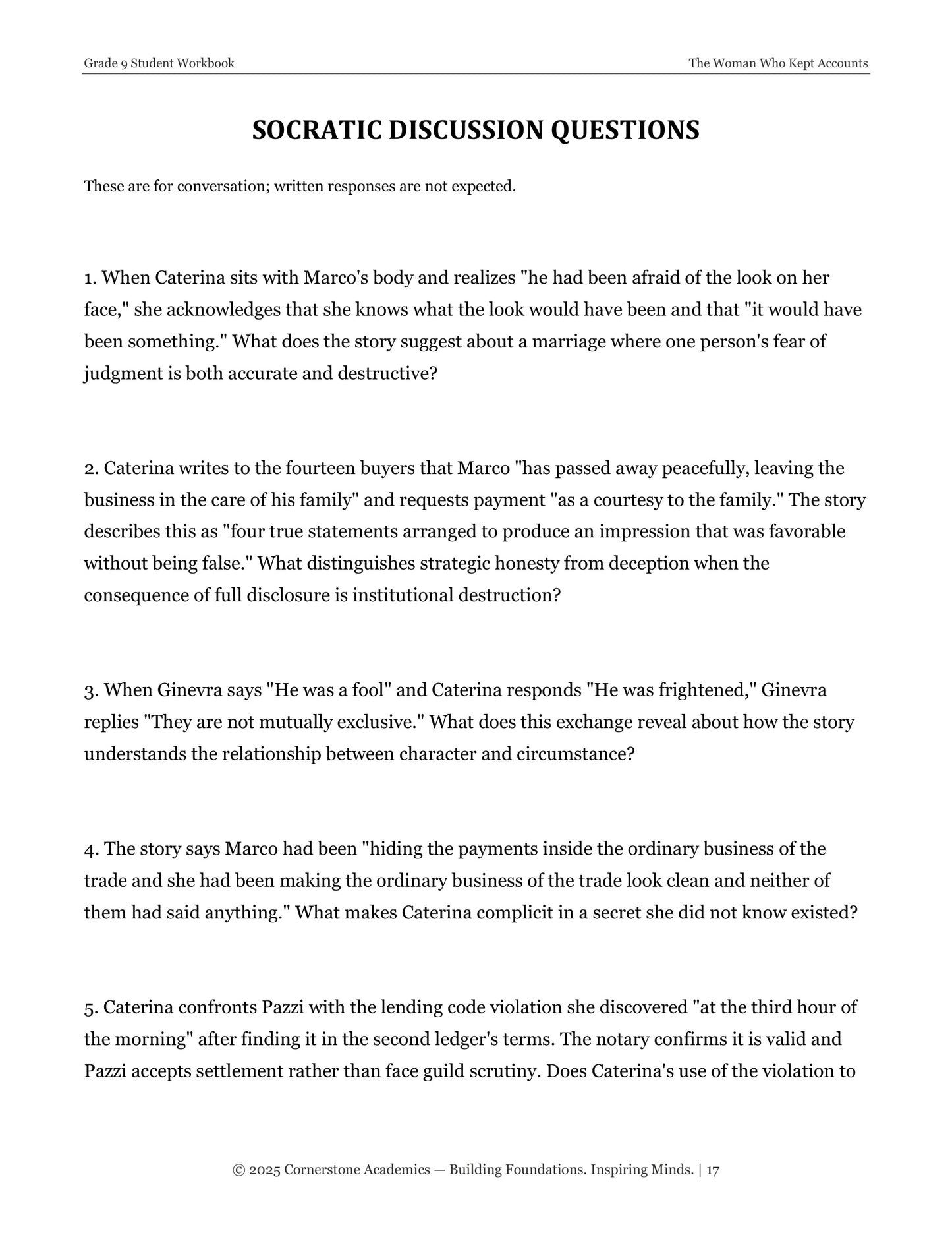 The Woman Who Kept Accounts | Grade 9 Classical Literature Packet | Cornerstone Academics