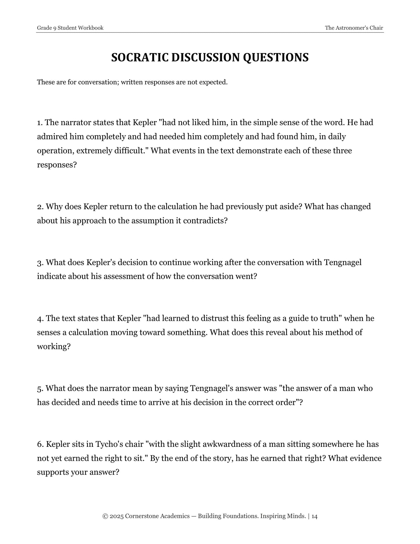 The Astronomer's Chair | Grade 9 Classical Literature Packet | Cornerstone Academics