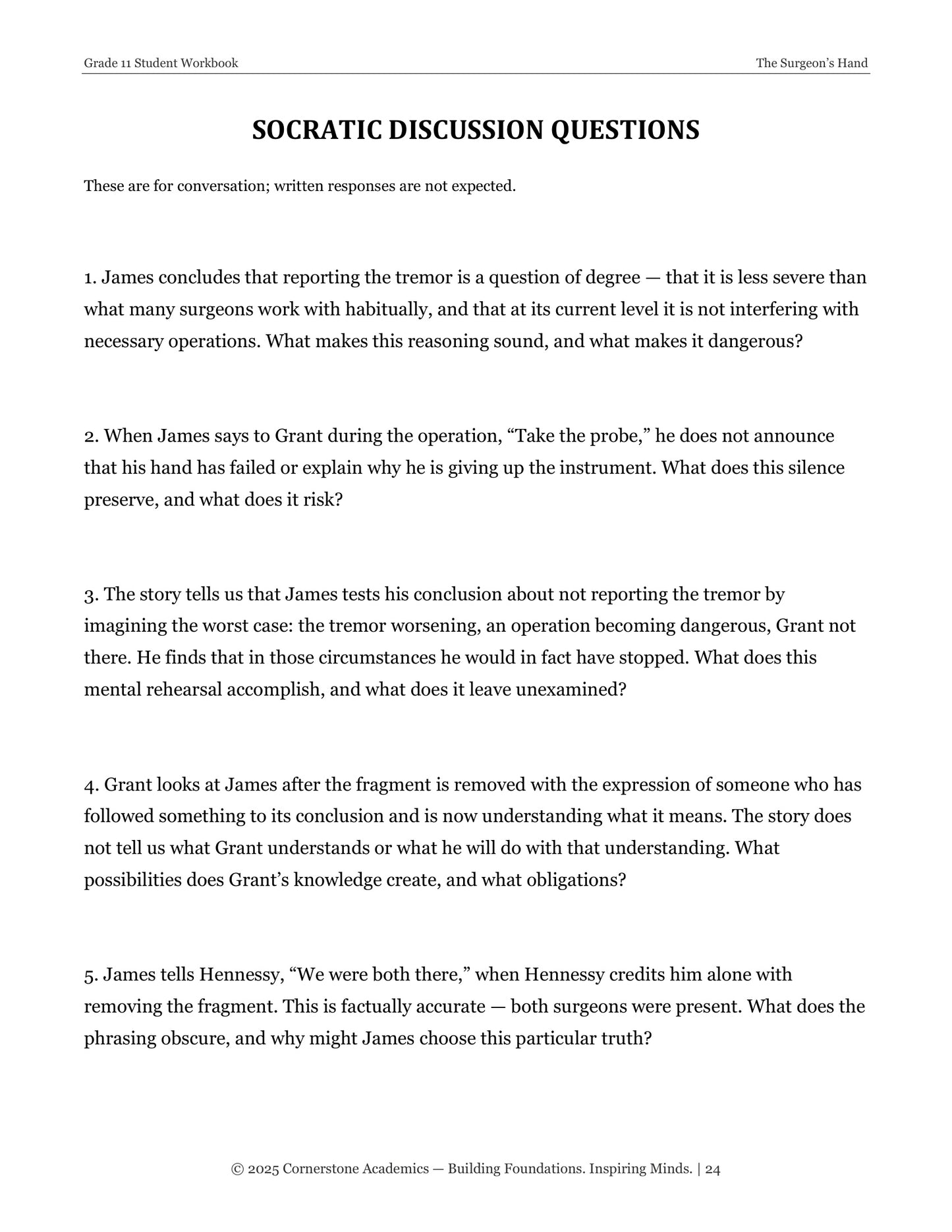 The Surgeon's Hand | Grade 11 Classical Literature Packet | Cornerstone Academics