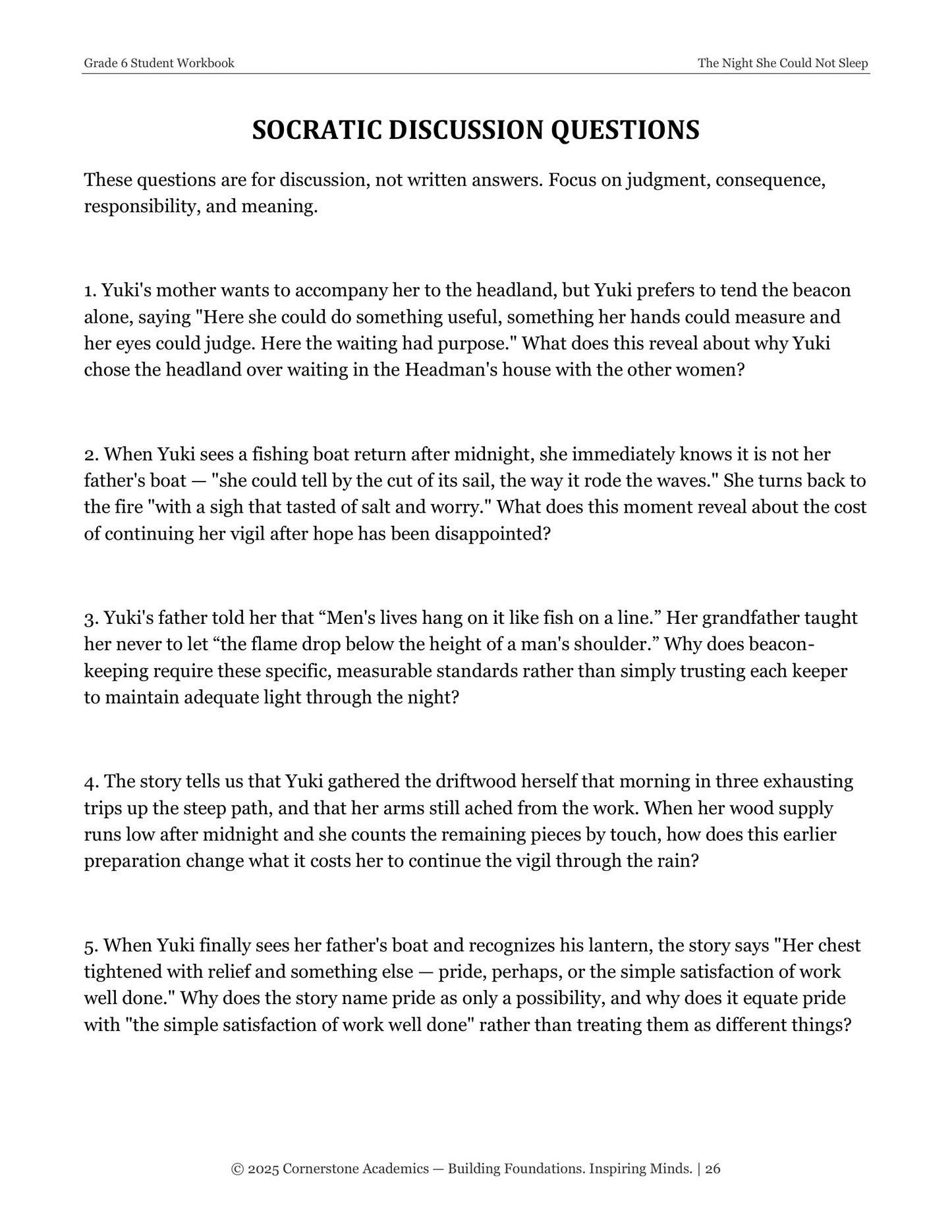 The Night She Could Not Sleep | Grade 6 Classical Literature Packet | Cornerstone Academics