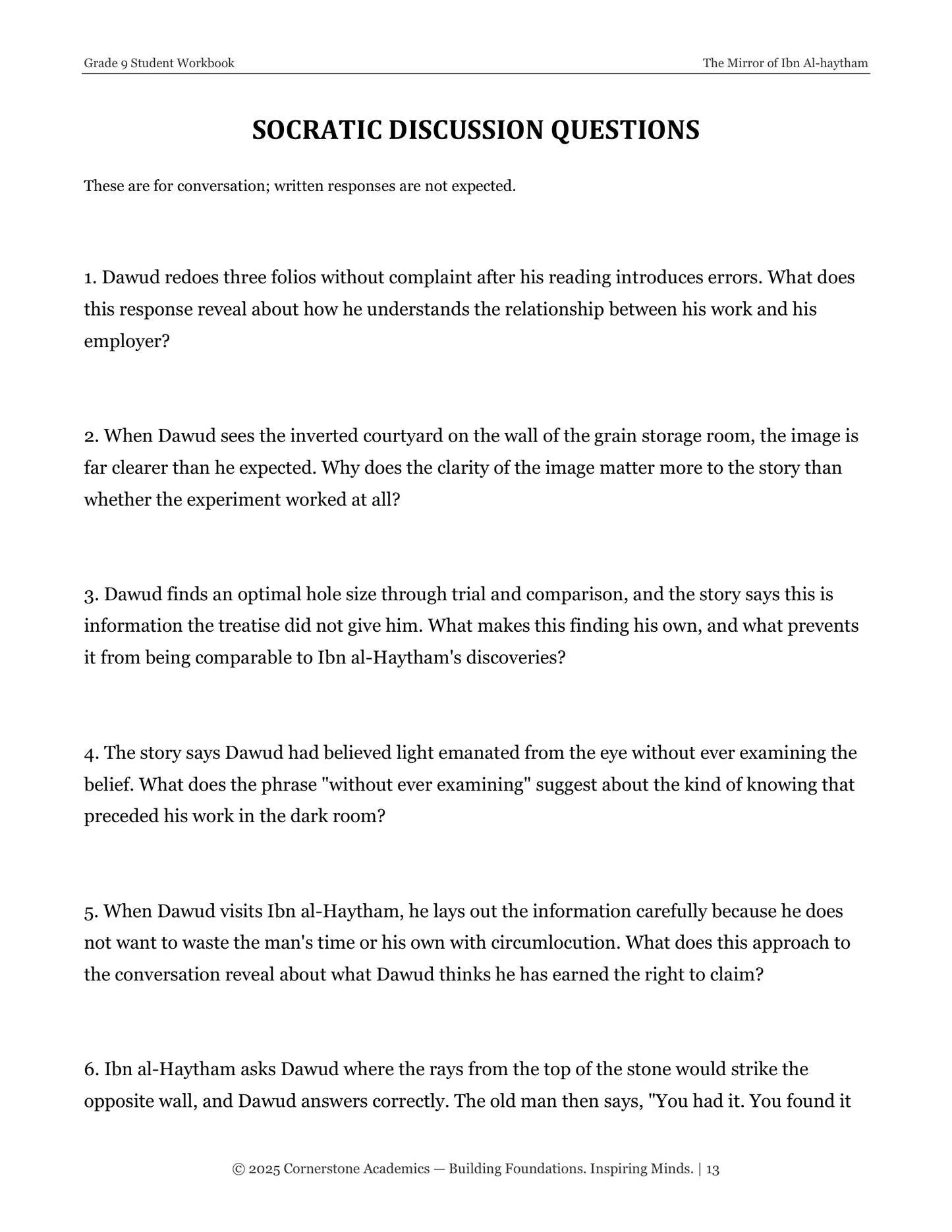 The Mirror of Ibn al-Haytham | Grade 9 Classical Literature Packet | Cornerstone Academics