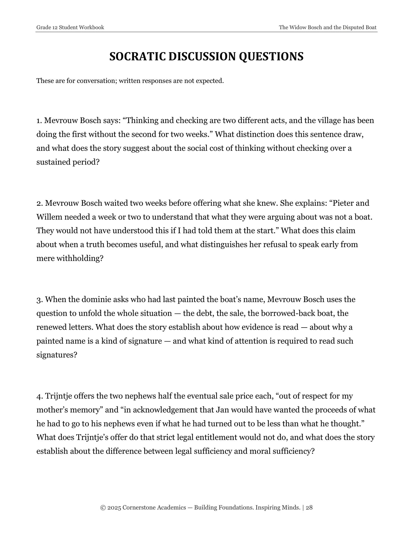 The Widow Bosch and the Disputed Boat | Grade 12 Classical Literature Packet | Cornerstone Academics