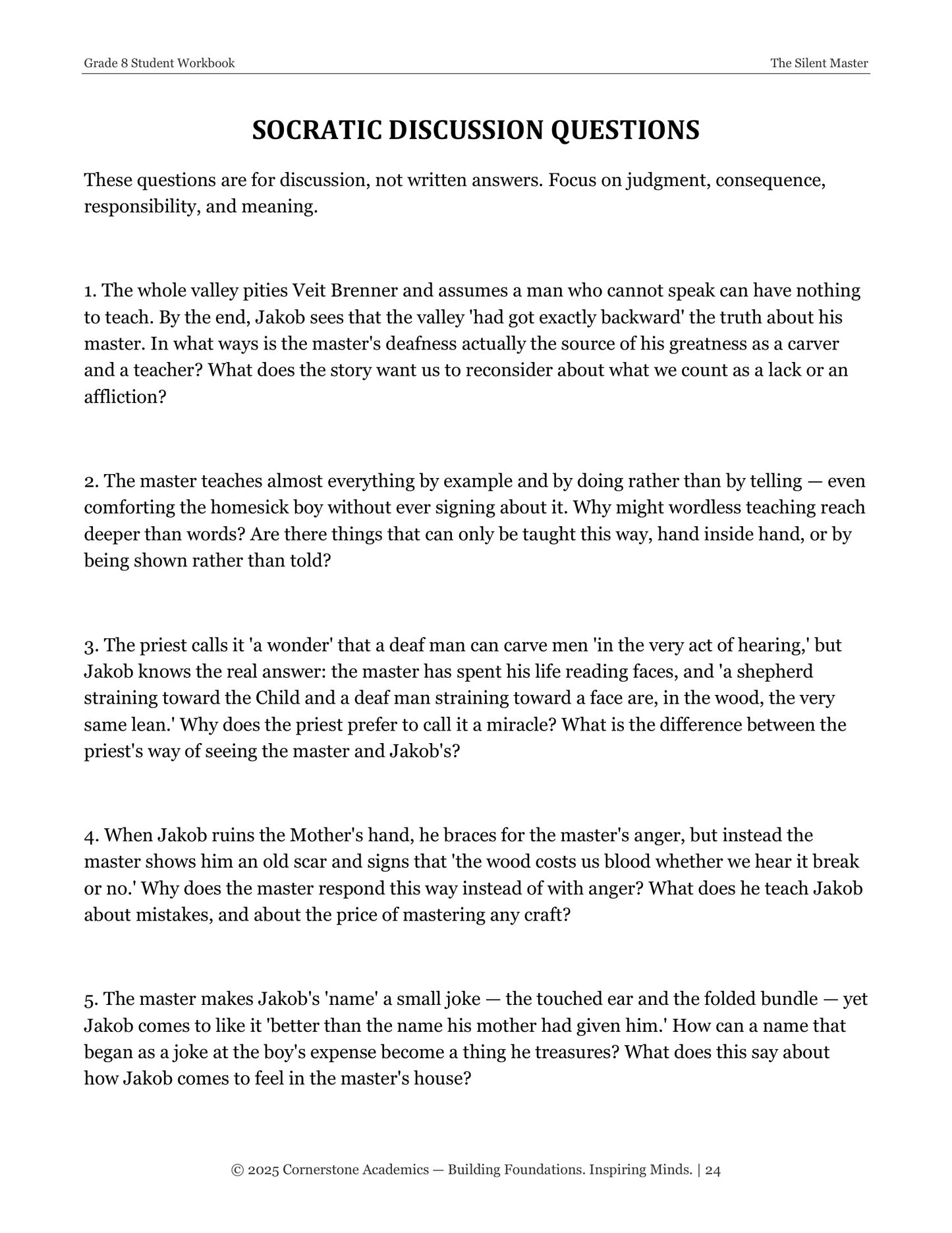 The Silent Master | Grade 8 Classical Literature Packet | Cornerstone Academics