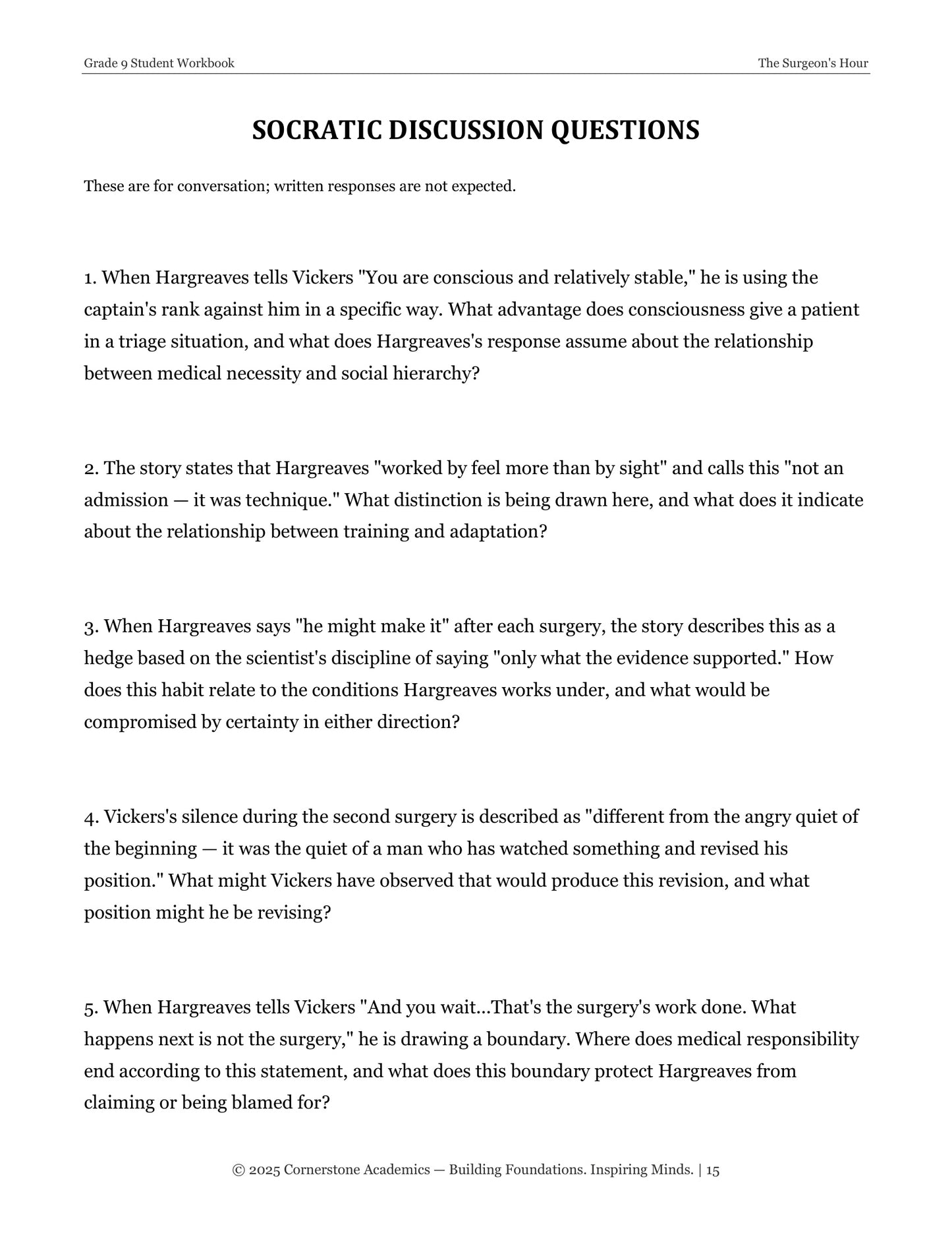 The Surgeon's Hour | Grade 9 Classical Literature Packet | Cornerstone Academics
