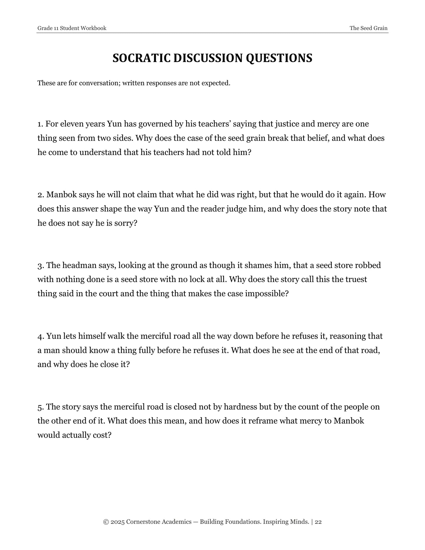 The Seed Grain | Grade 11 Classical Literature Packet | Cornerstone Academics