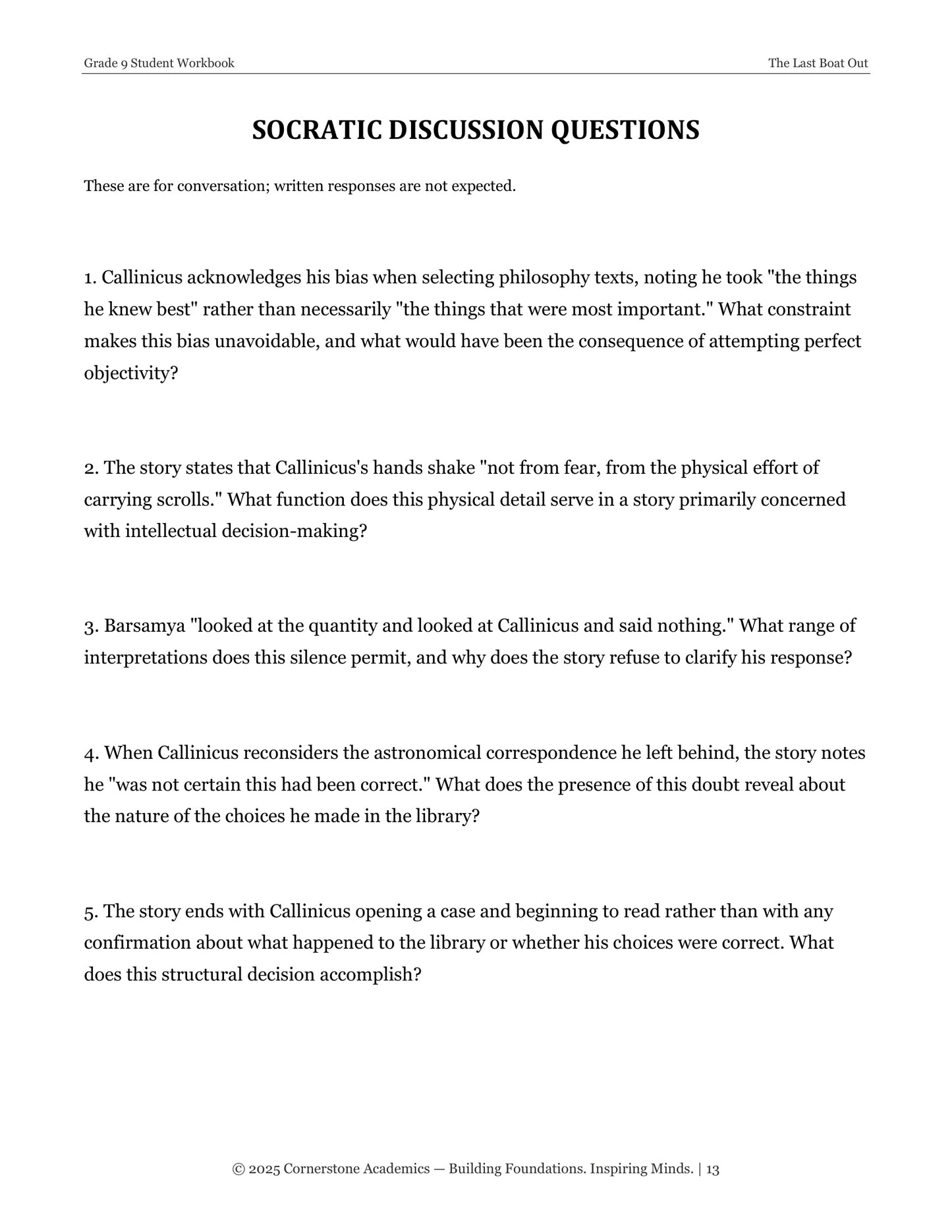 The Last Boat Out | Grade 9 Classical Literature Packet | Cornerstone Academics