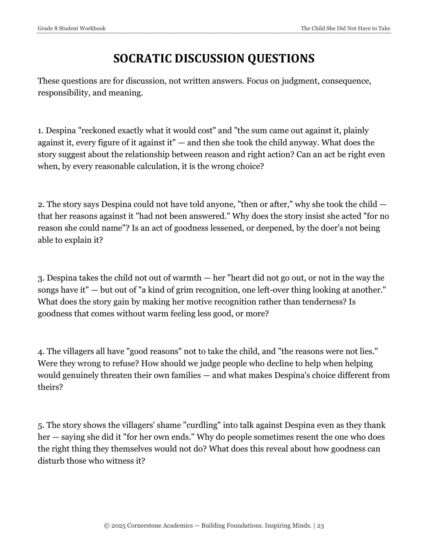 The Child She Did Not Have to Take | Grade 8 Classical Literature Packet | Cornerstone Academics