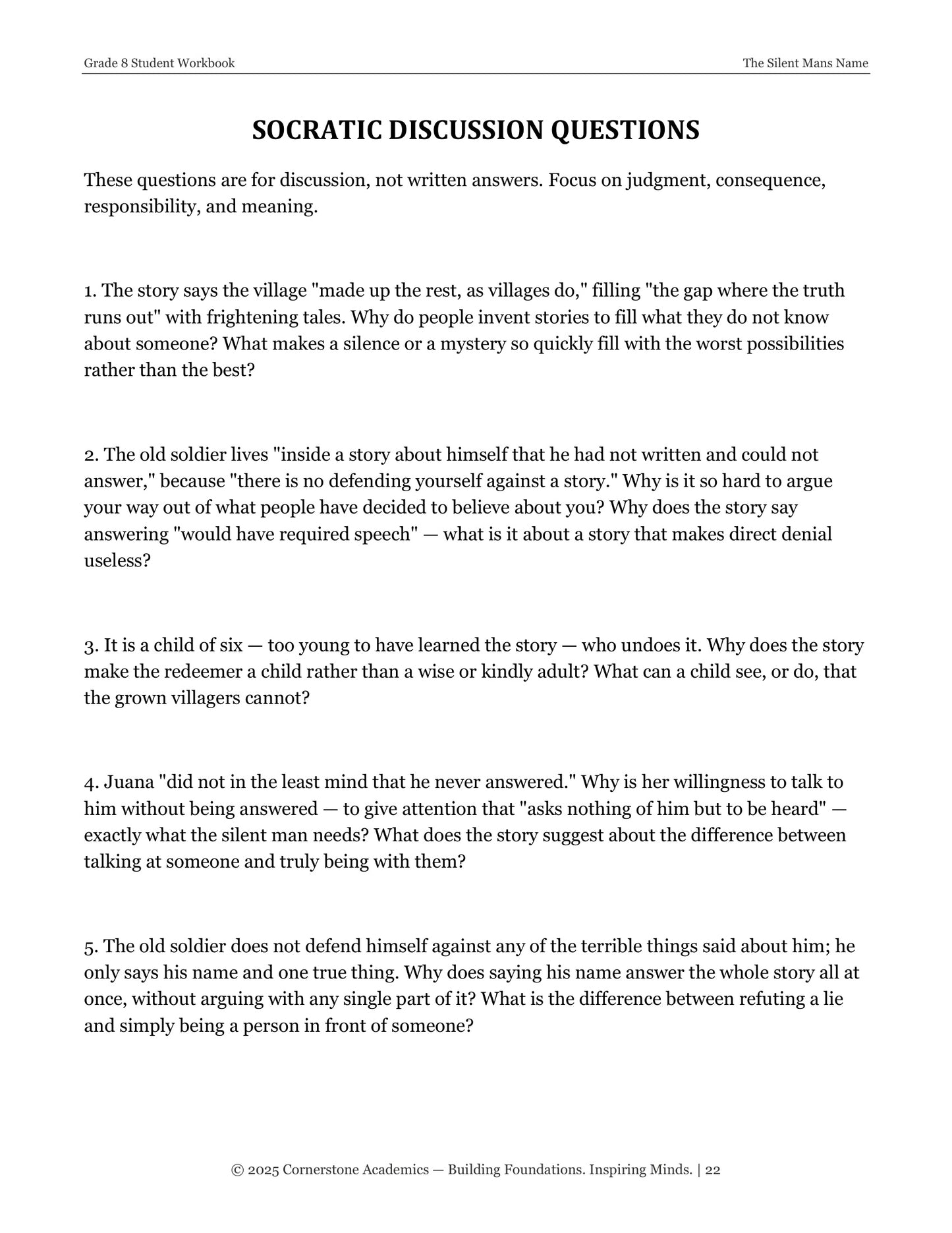 The Silent Man's Name | Grade 8 Classical Literature Packet | Cornerstone Academics
