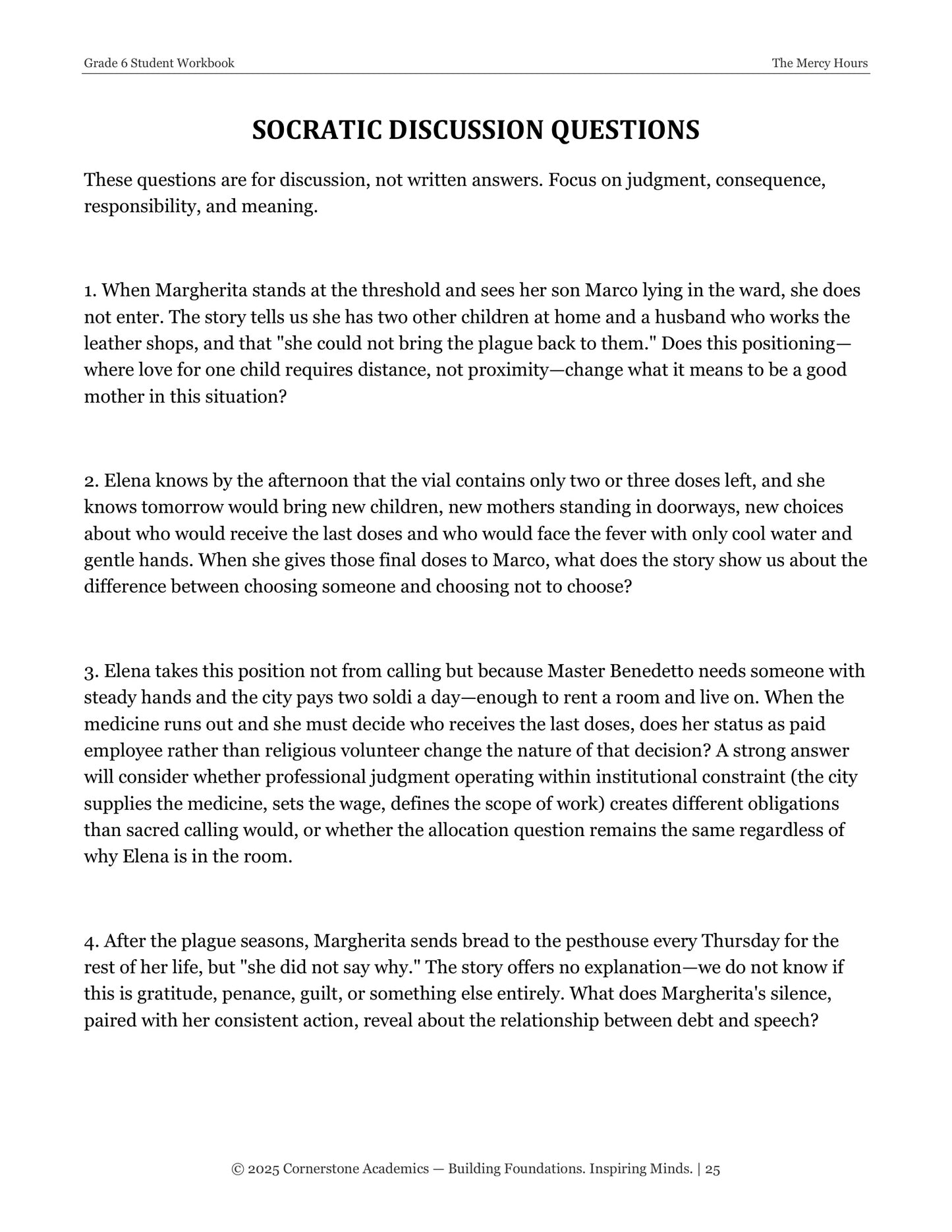 The Mercy Hours | Grade 6 Classical Literature Packet | Cornerstone Academics