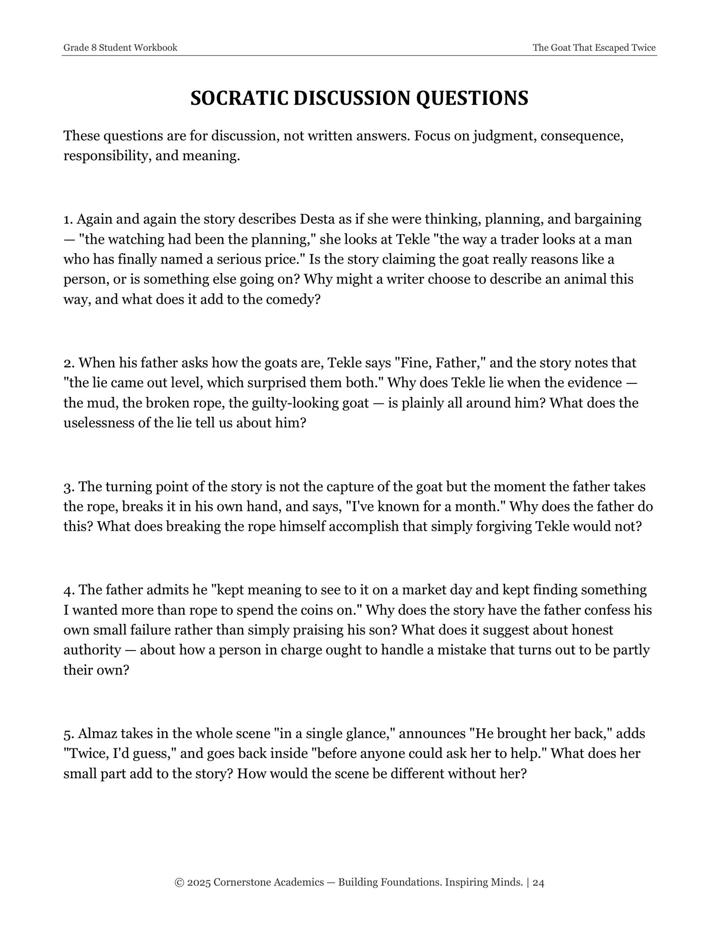The Goat That Escaped Twice | Grade 8 Classical Literature Packet | Cornerstone Academics