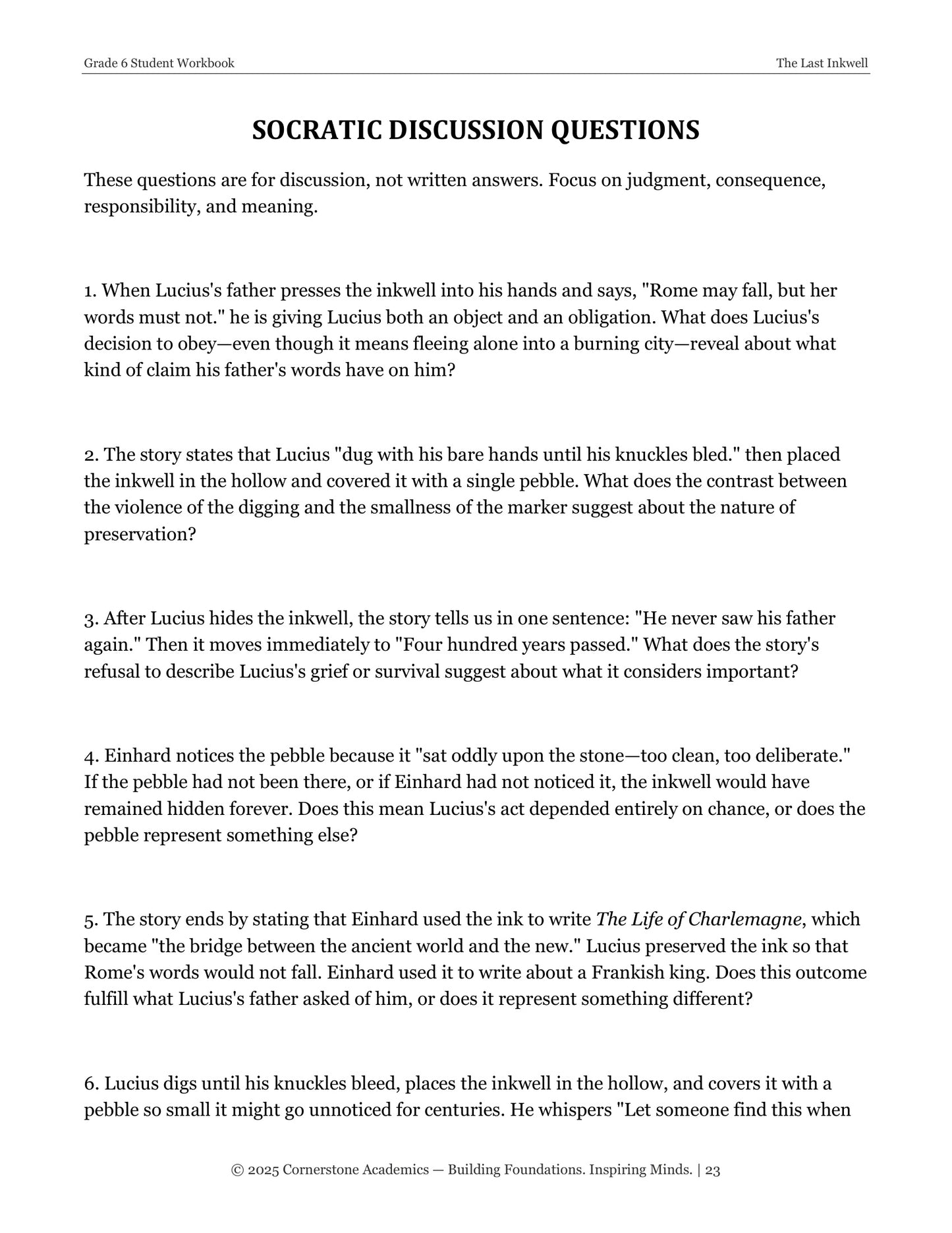 The Last Inkwell | Grade 6 Classical Literature Packet | Cornerstone Academics