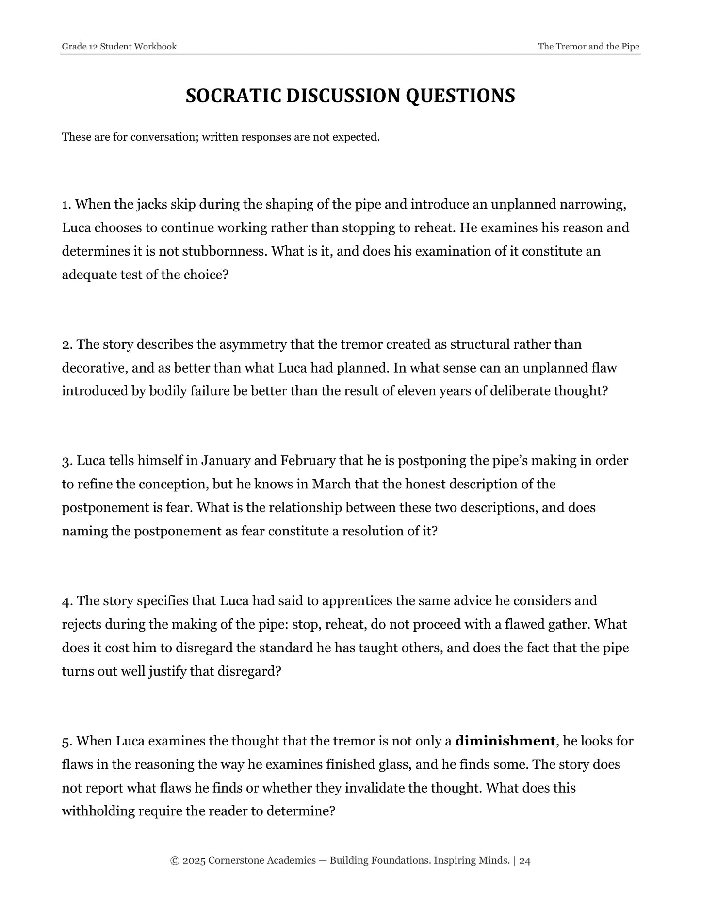 The Tremor and the Pipe | Grade 12 Classical Literature Packet | Cornerstone Academics