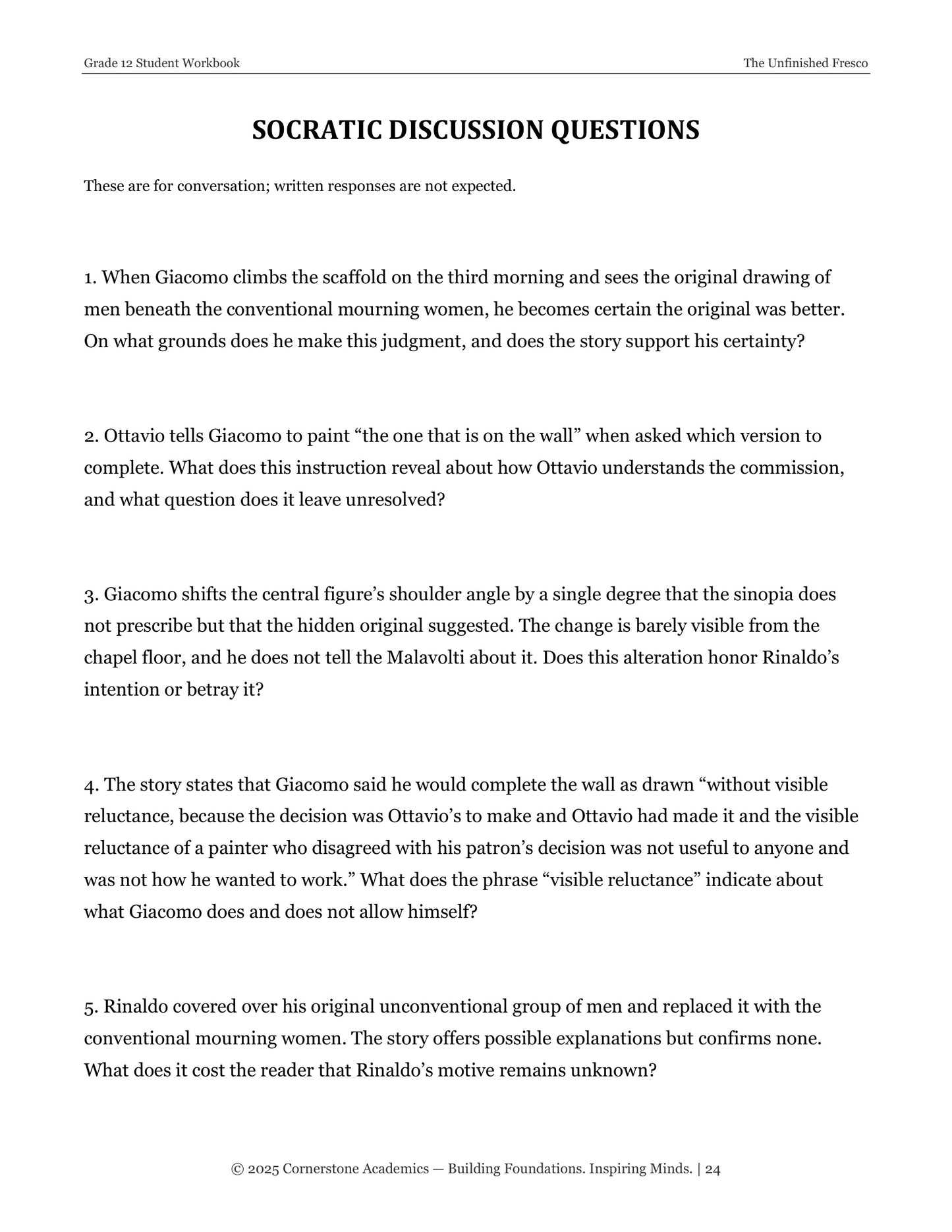 The Unfinished Fresco | Grade 12 Classical Literature Packet | Cornerstone Academics