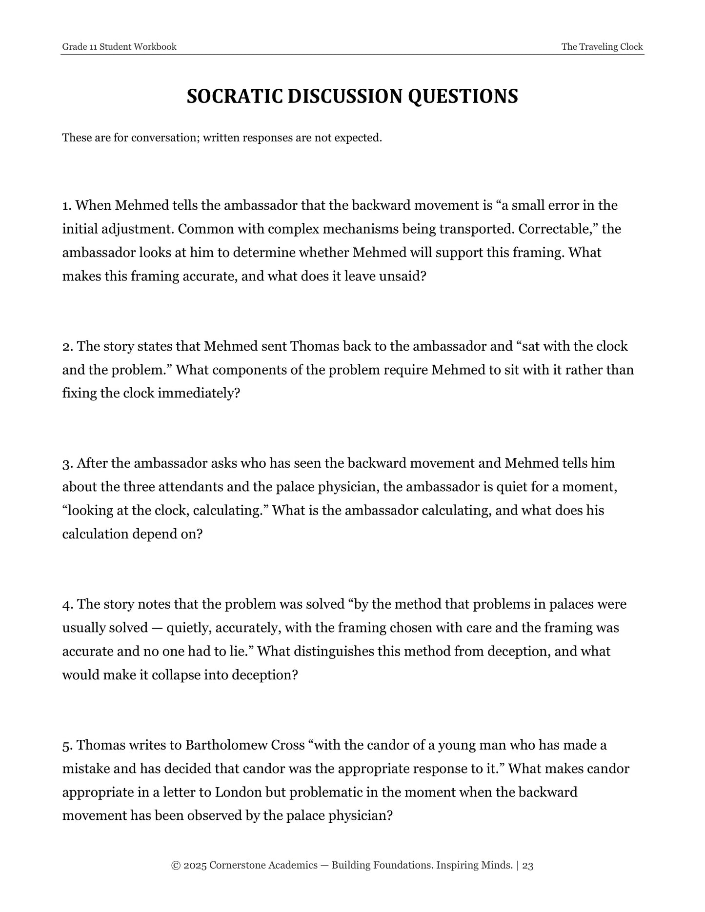 The Traveling Clock | Grade 11 Classical Literature Packet | Cornerstone Academics