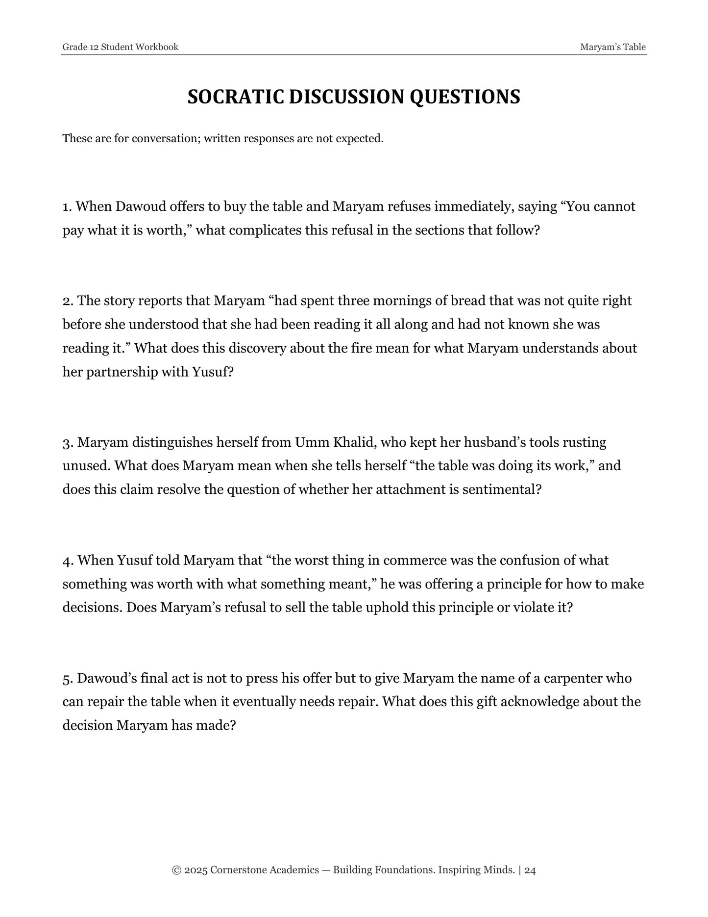 Maryam’s Table | Grade 12 Classical Literature Packet | Cornerstone Academics