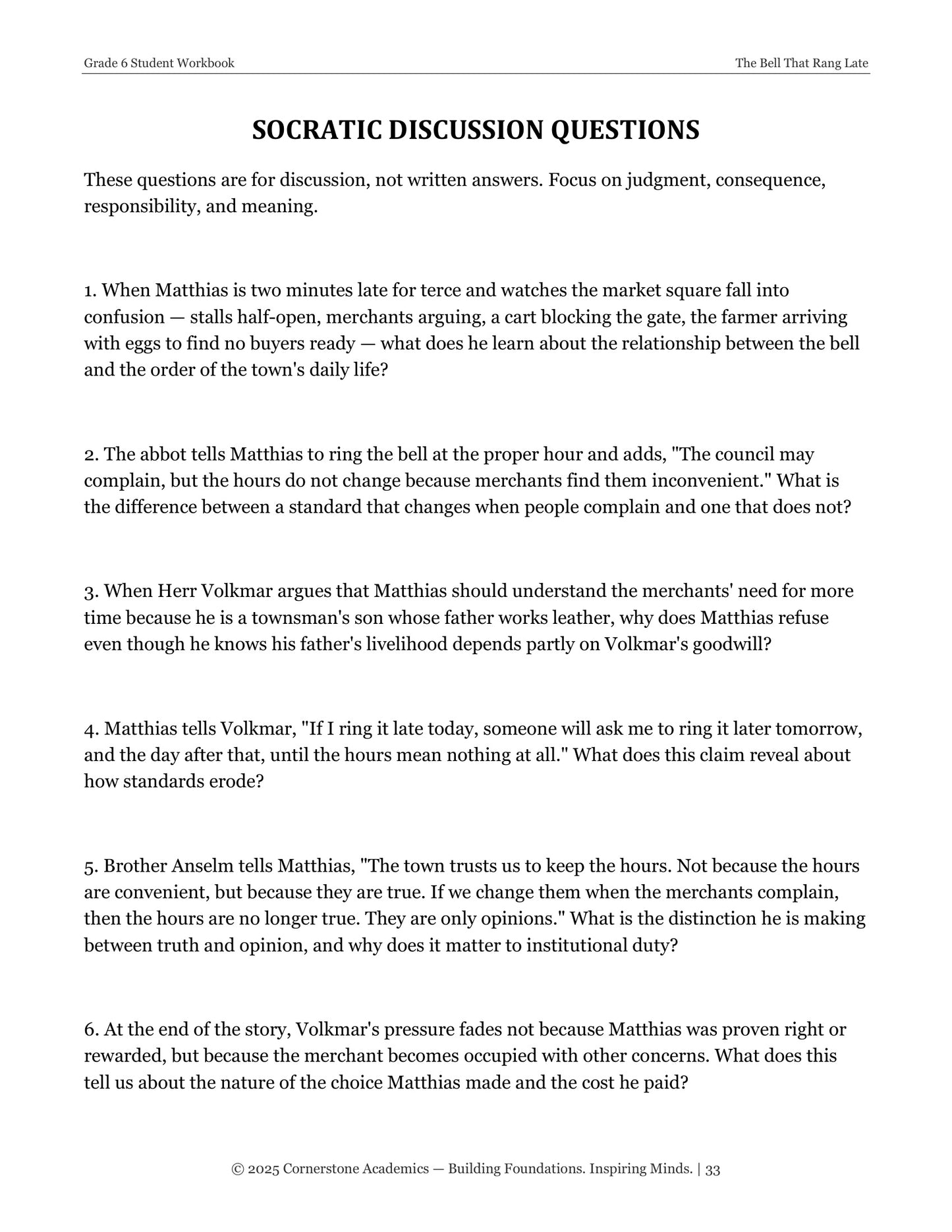 The Bell That Rang Late | Grade 6 Classical Literature Packet | Cornerstone Academics