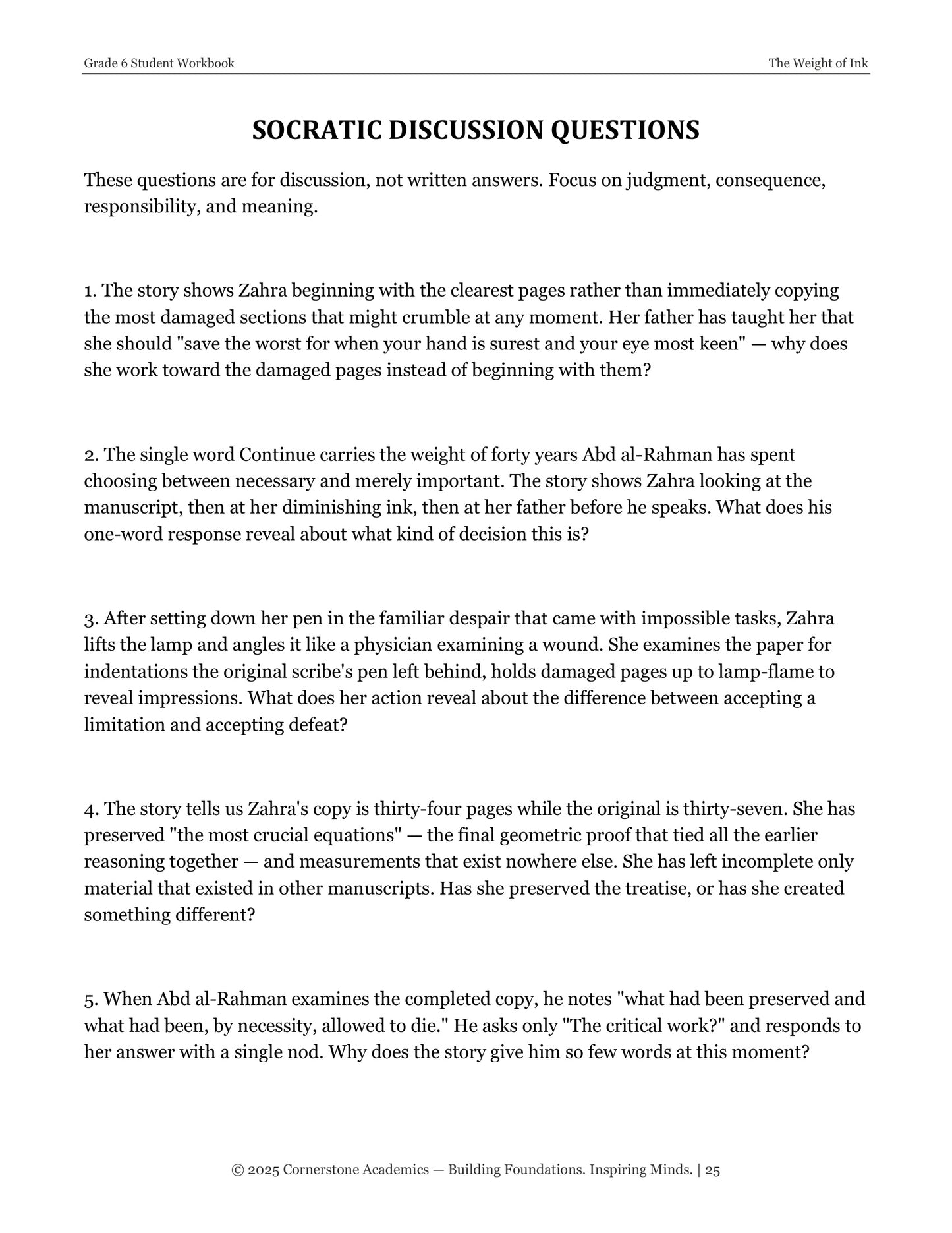The Weight of Ink | Grade 6 Classical Literature Packet | Cornerstone Academics