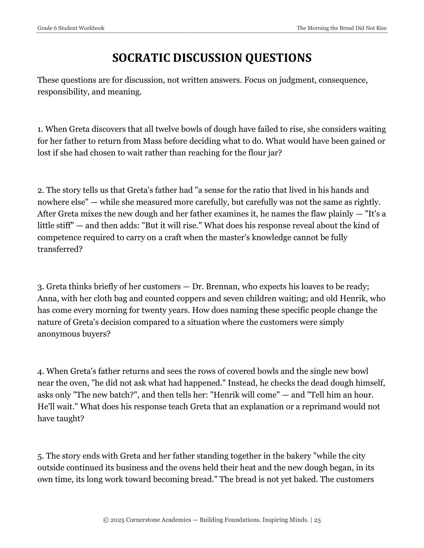 The Morning the Bread Did Not Rise | Grade 6 Classical Literature Packet | Cornerstone Academics