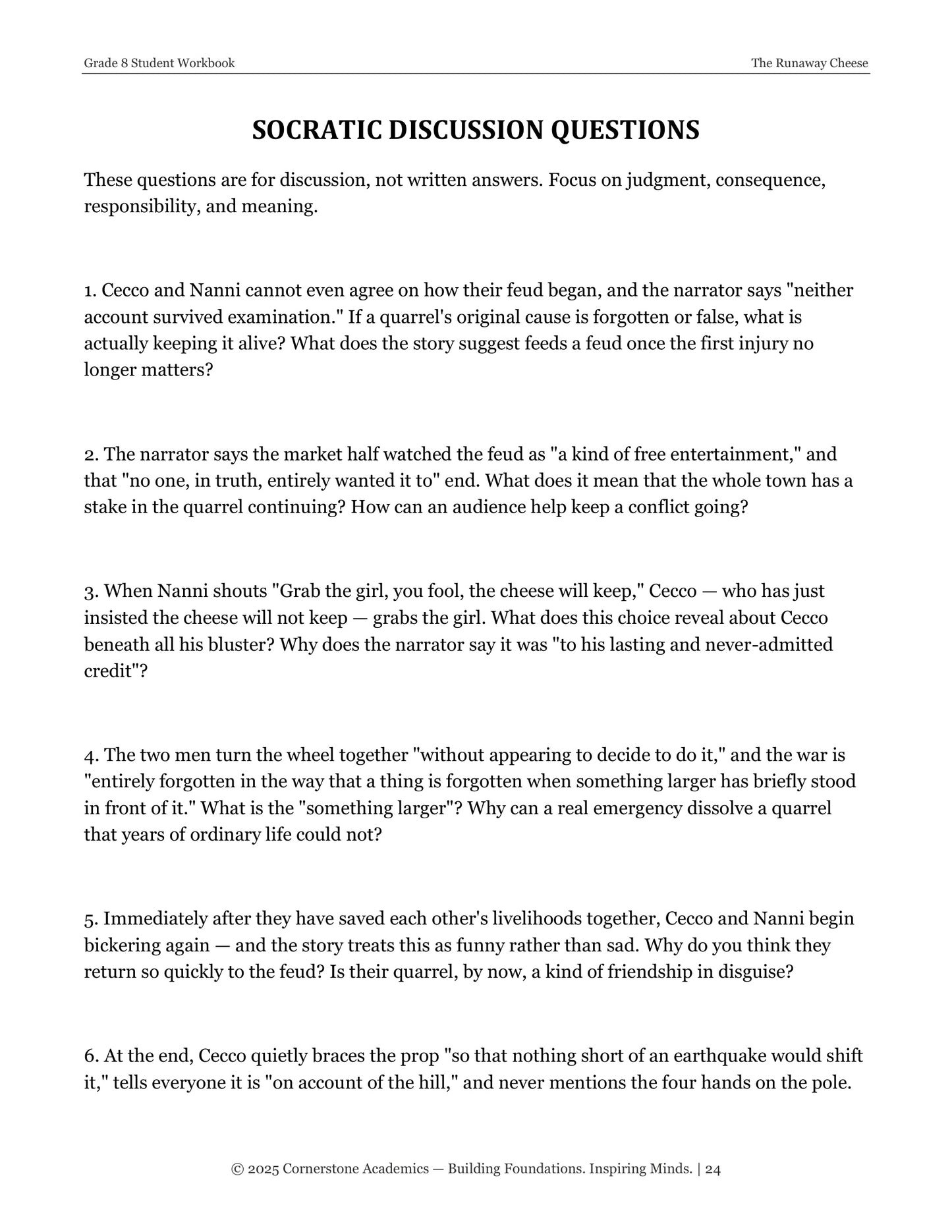 The Runaway Cheese | Grade 8 Classical Literature Packet | Cornerstone Academics