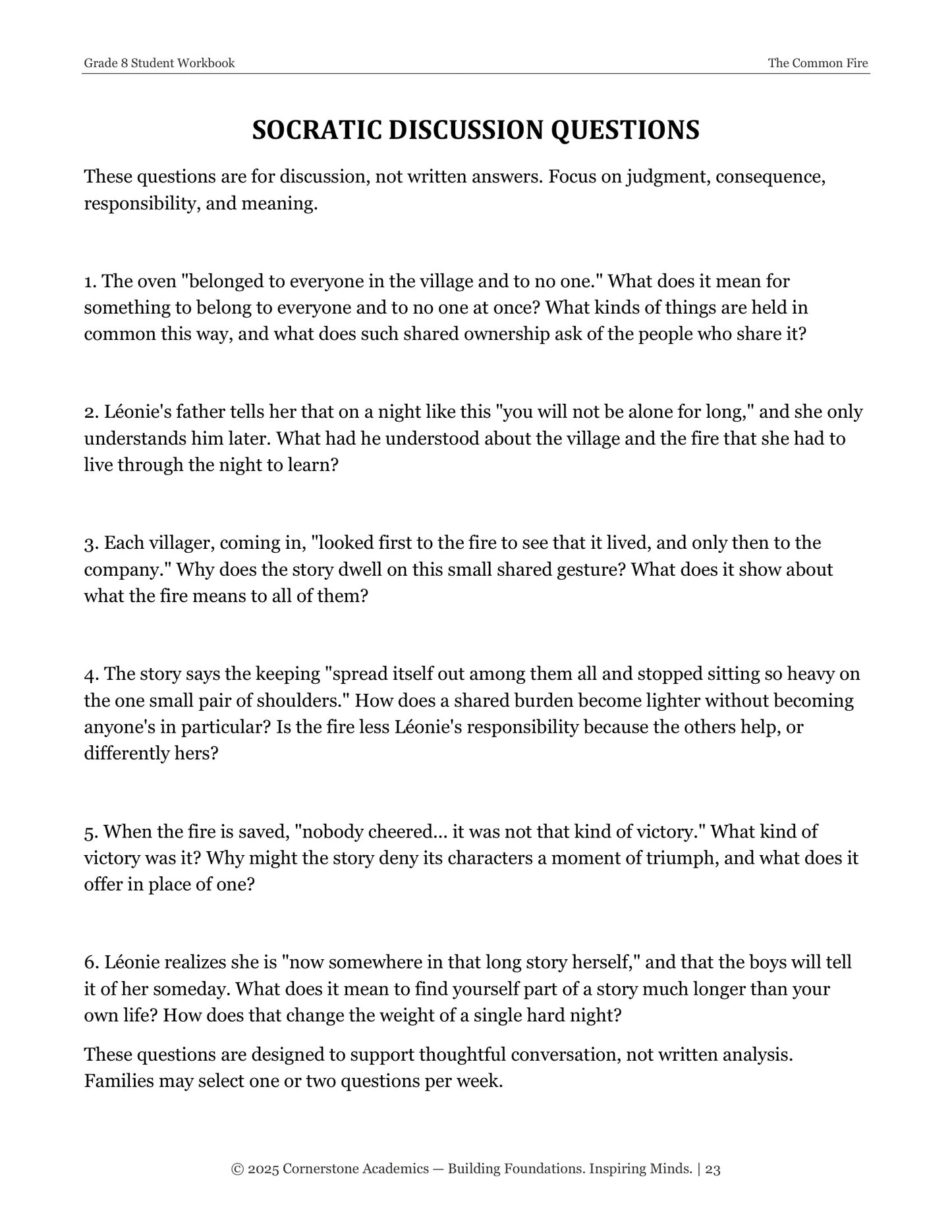 The Common Fire | Grade 8 Classical Literature Packet | Cornerstone Academics