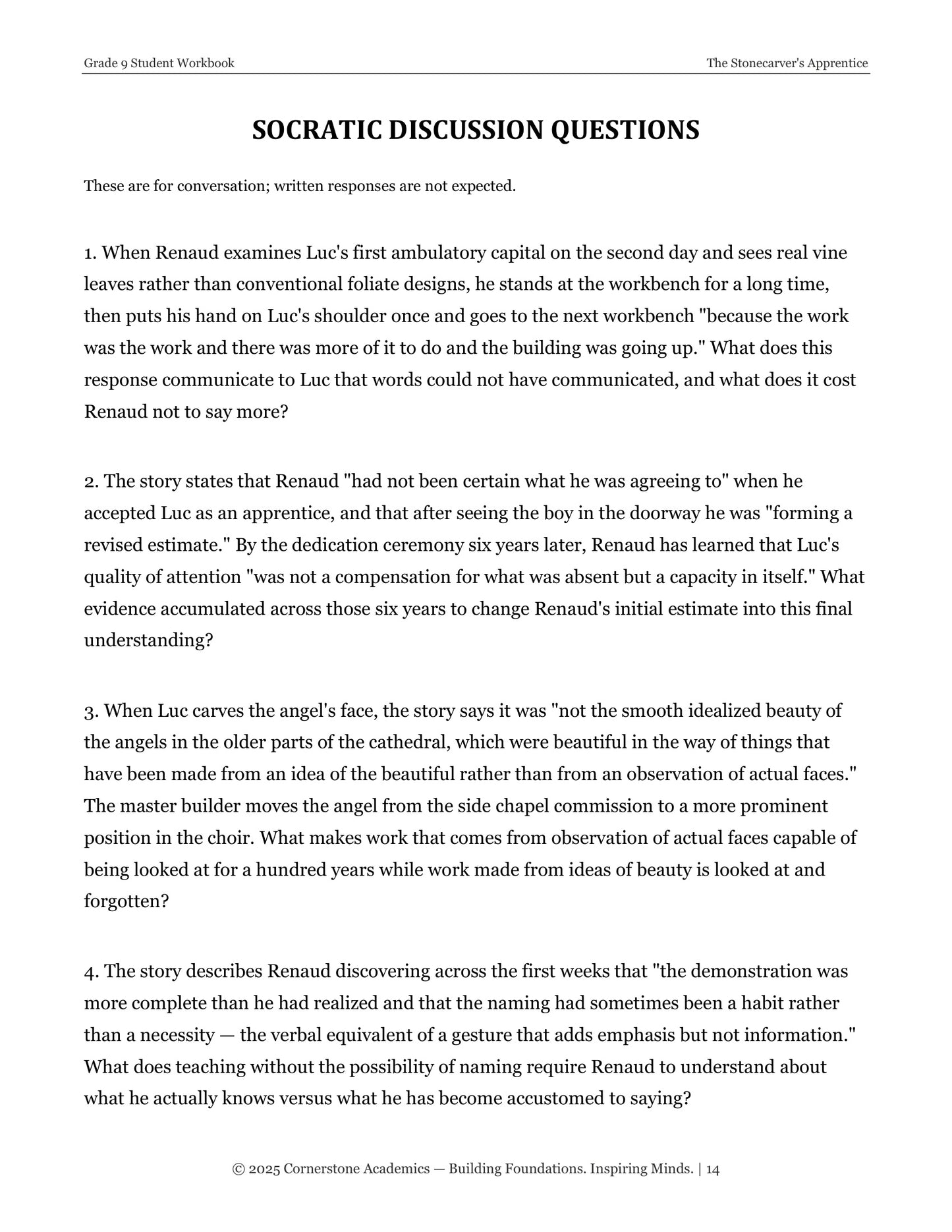 The Stonecarver's Apprentice | Grade 9 Classical Literature Packet | Cornerstone Academics