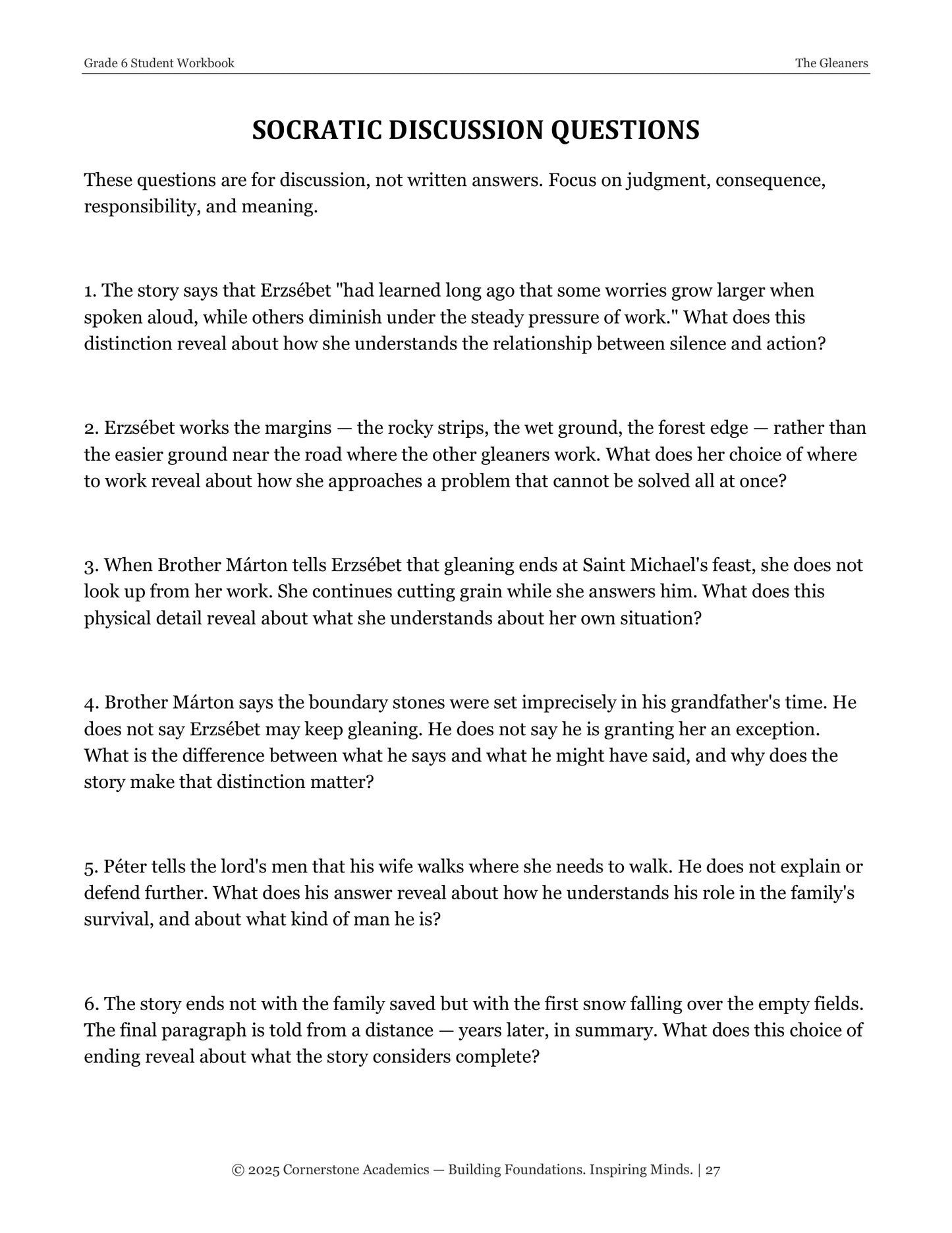 The Gleaners | Grade 6 Classical Literature Packet | Cornerstone Academics