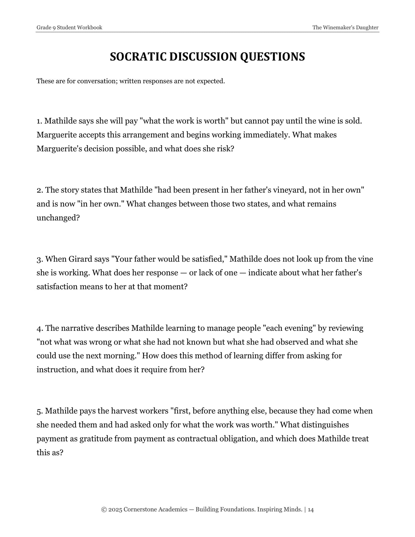 The Winemaker's Daughter | Grade 9 Classical Literature Packet | Cornerstone Academics
