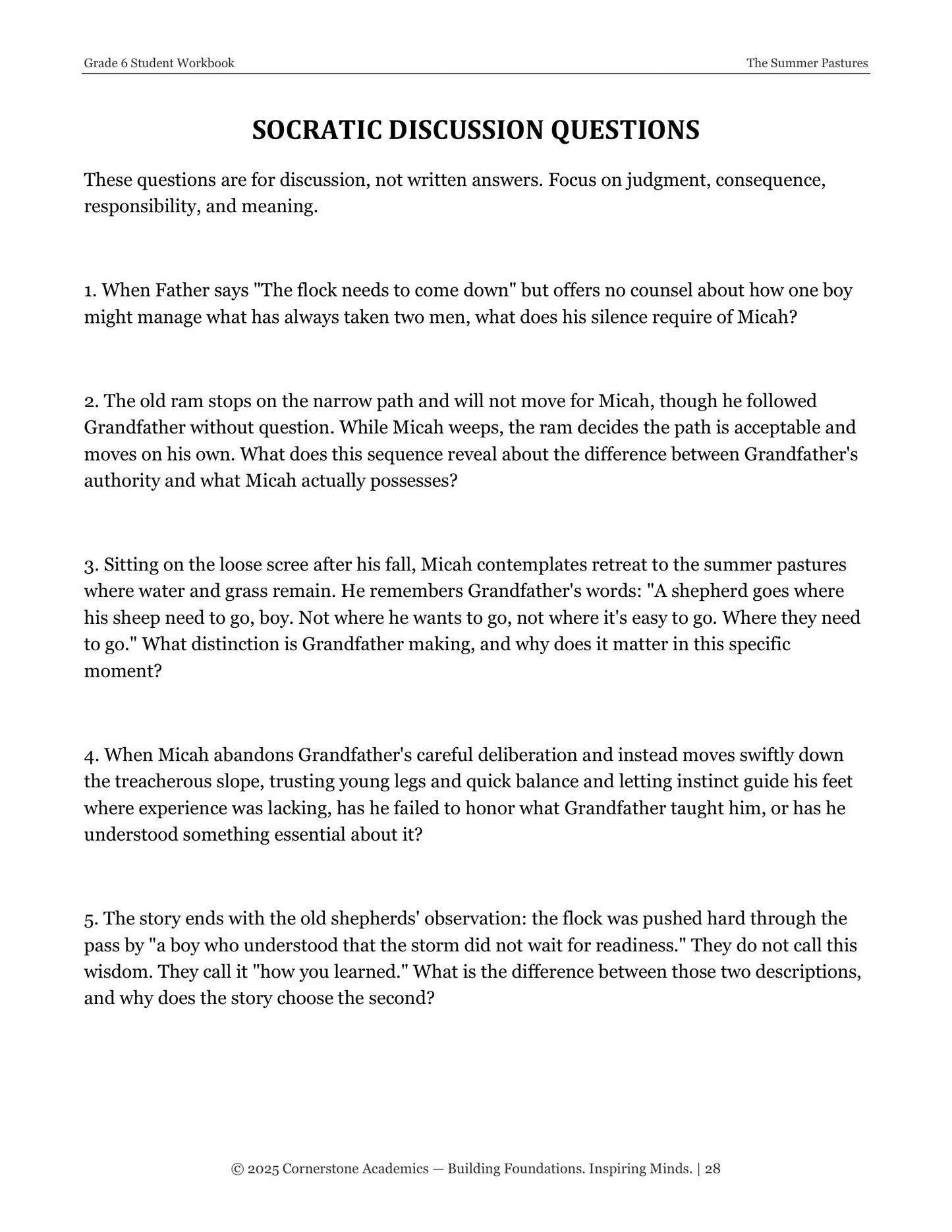 The Summer Pastures | Grade 6 Classical Literature Packet | Cornerstone Academics