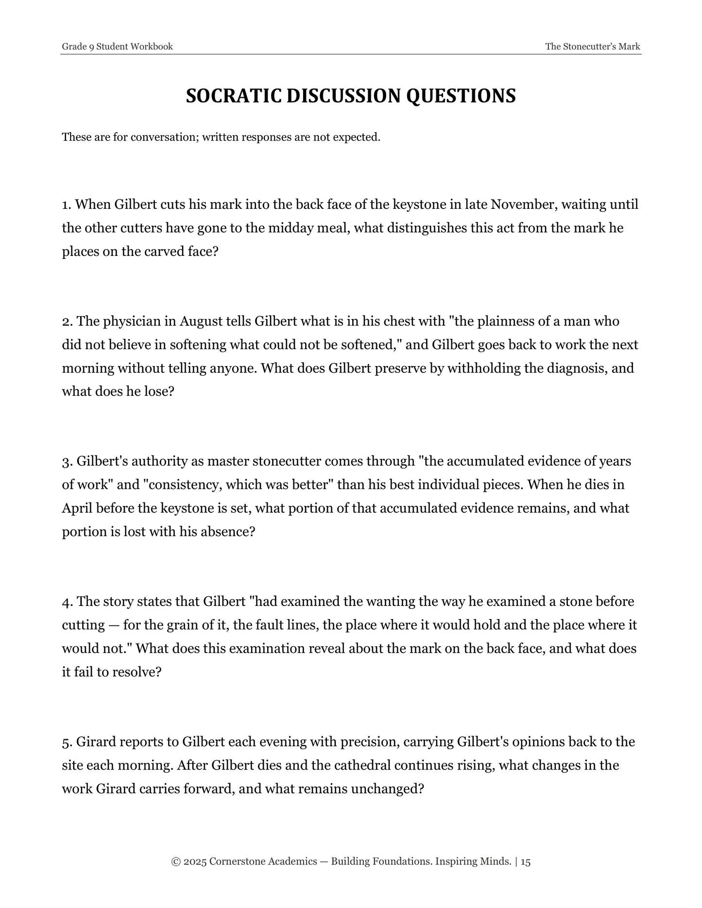 The Stonecutter's Mark | Grade 9 Classical Literature Packet | Cornerstone Academics