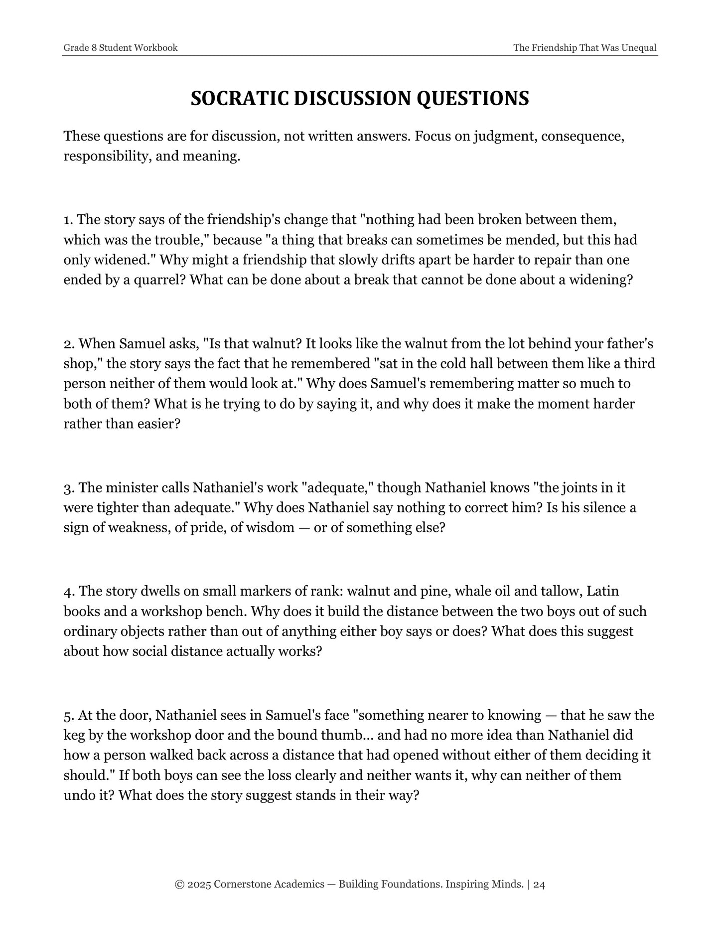 The Friendship That Was Unequal | Grade 8 Classical Literature Packet | Cornerstone Academics