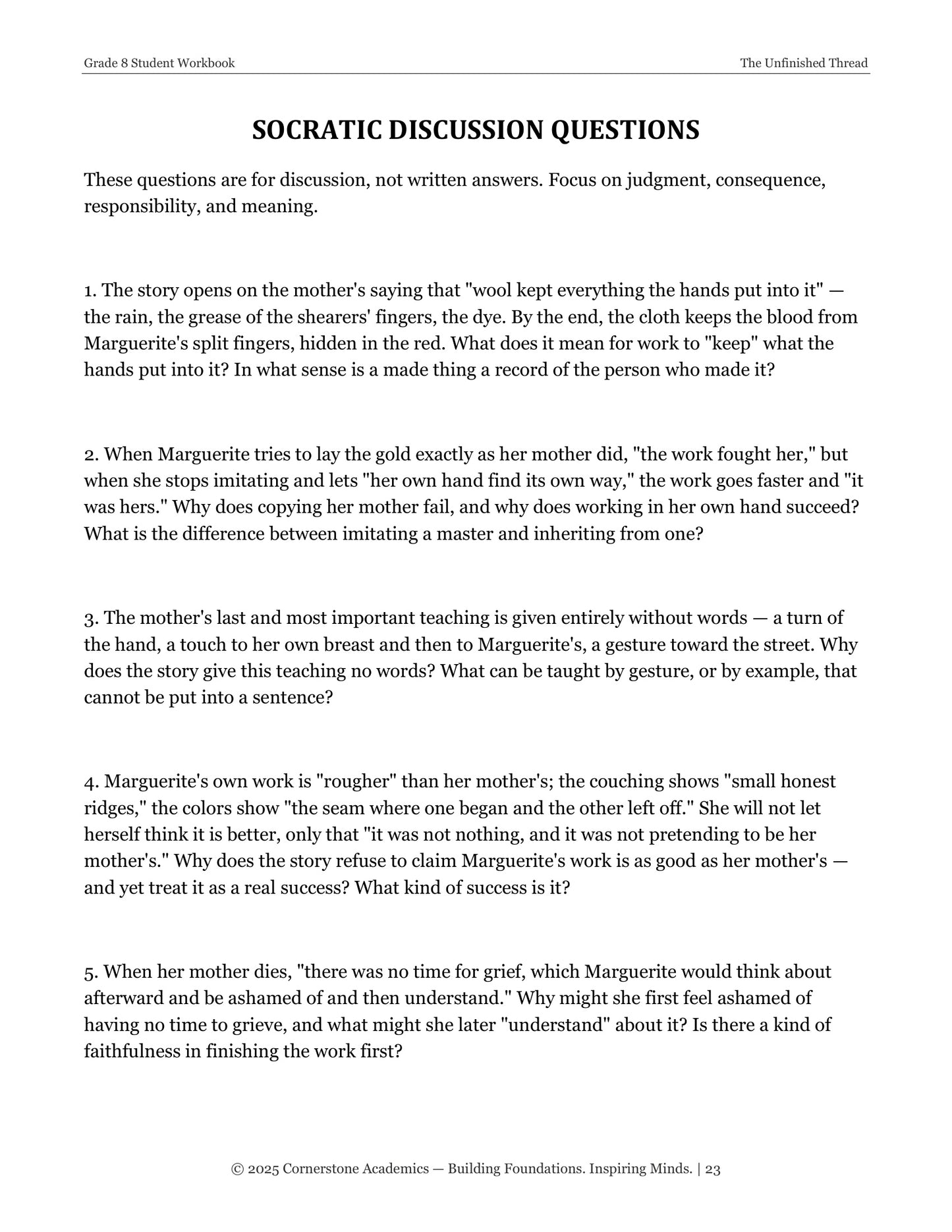 The Unfinished Thread | Grade 8 Classical Literature Packet | Cornerstone Academics