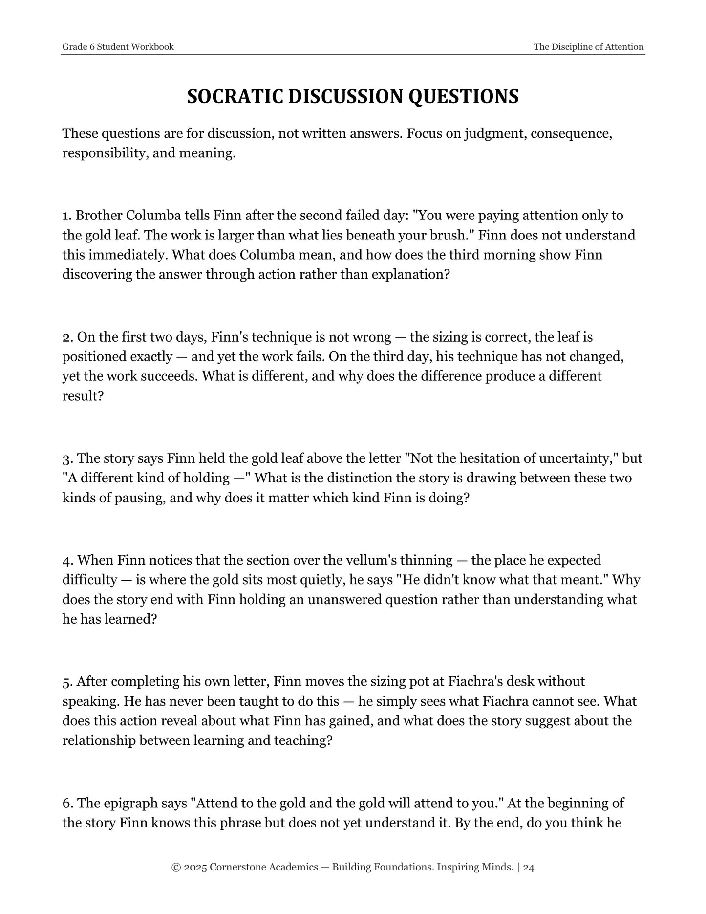 The Discipline of Attention | Grade 6 Classical Literature Packet | Cornerstone Academics