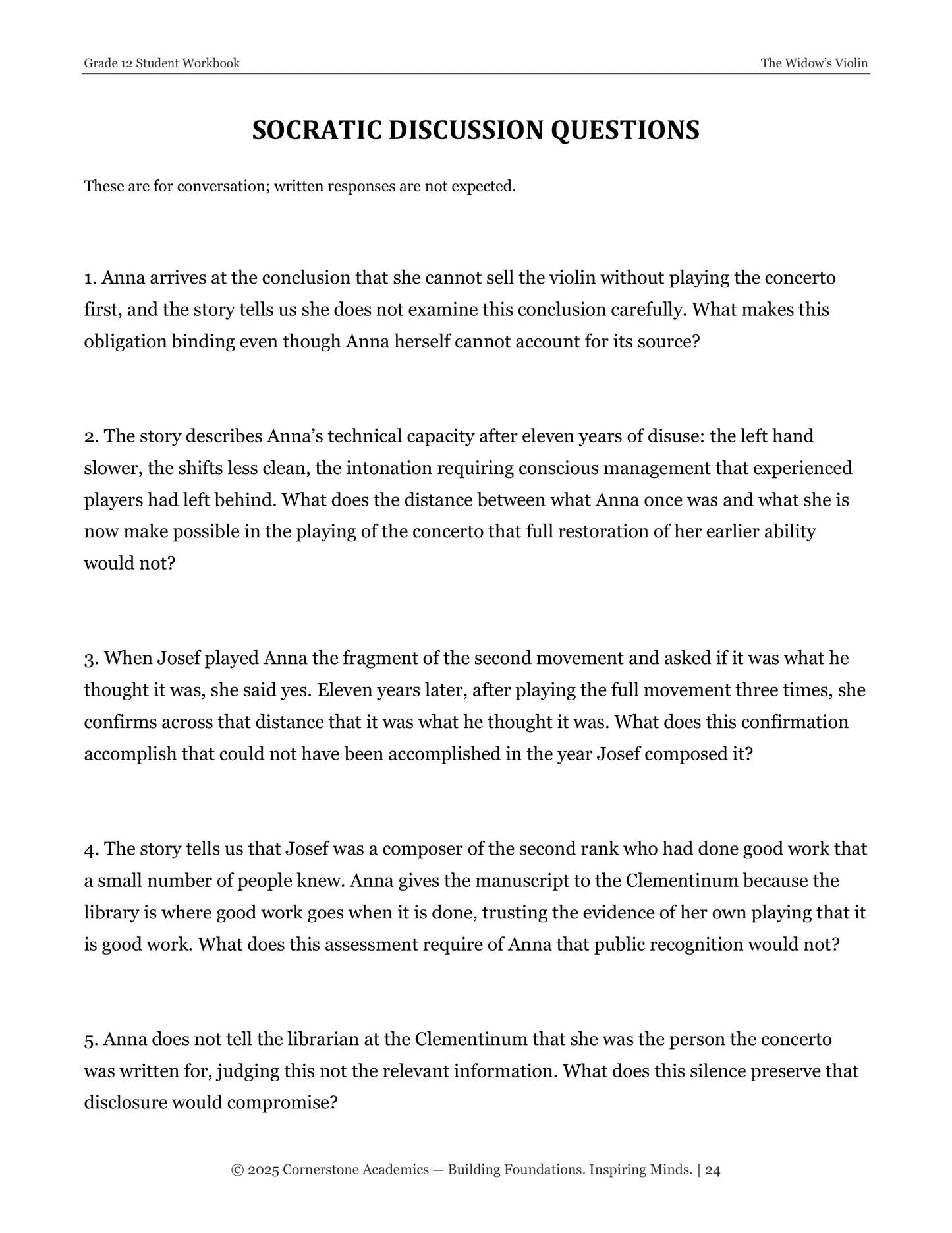 The Widow’s Violin | Grade 12 Classical Literature Packet | Cornerstone Academics