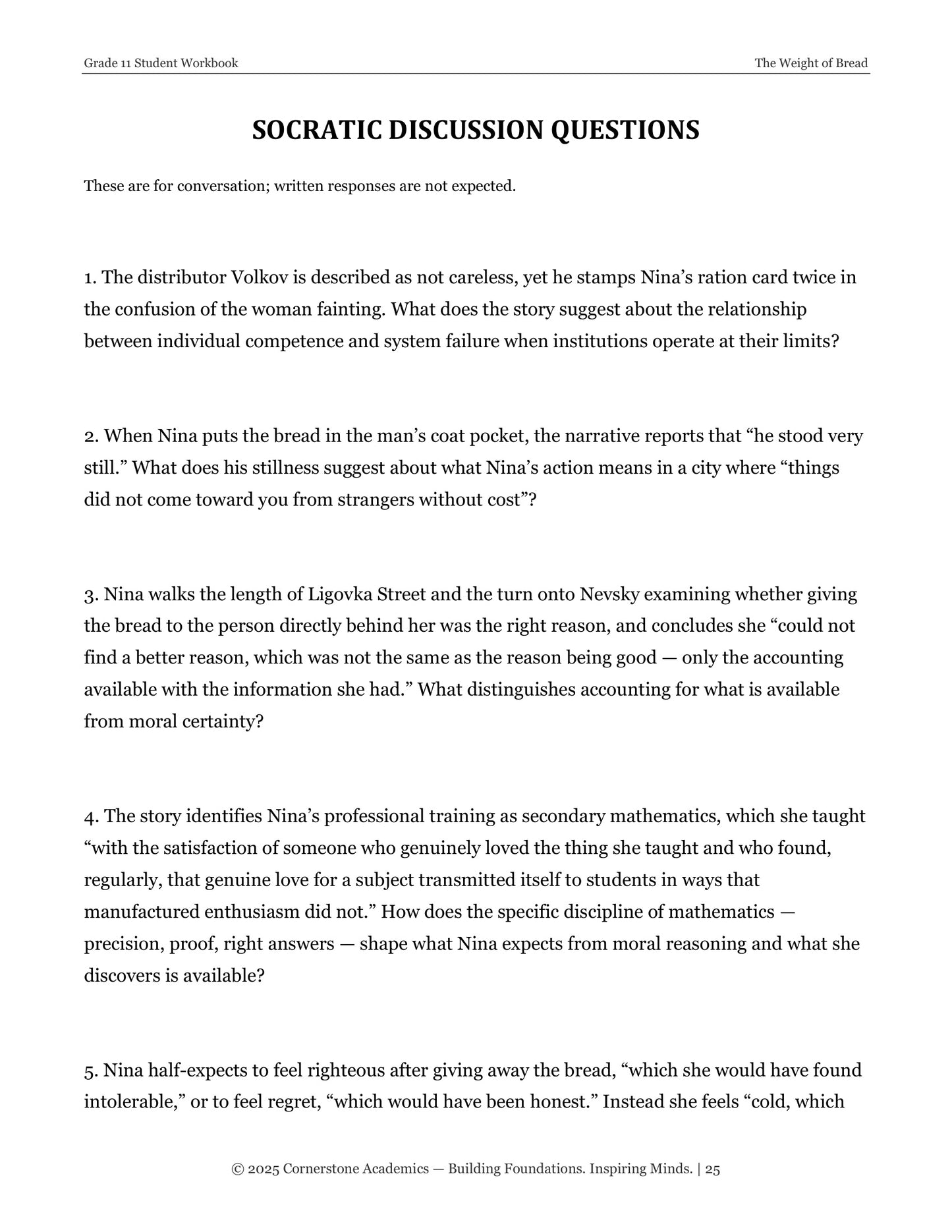 The Weight of Bread | Grade 11 Classical Literature Packet | Cornerstone Academics