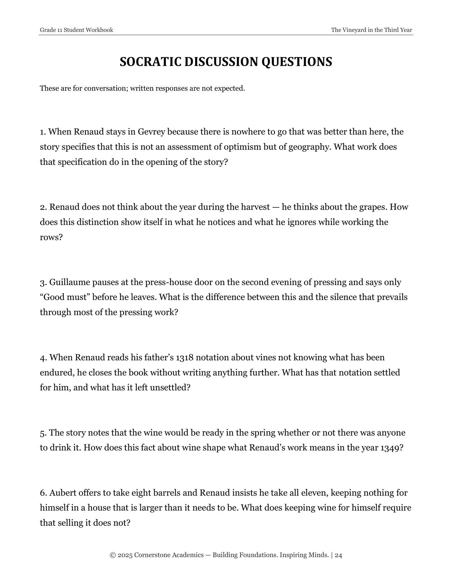 The Vineyard in the Third Year | Grade 11 Classical Literature Packet | Cornerstone Academics