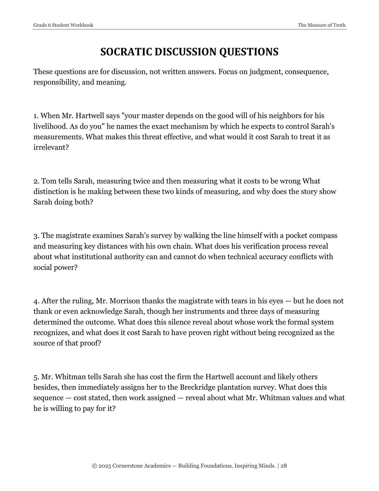 The Measure of Truth | Grade 6 Classical Literature Packet | Cornerstone Academics