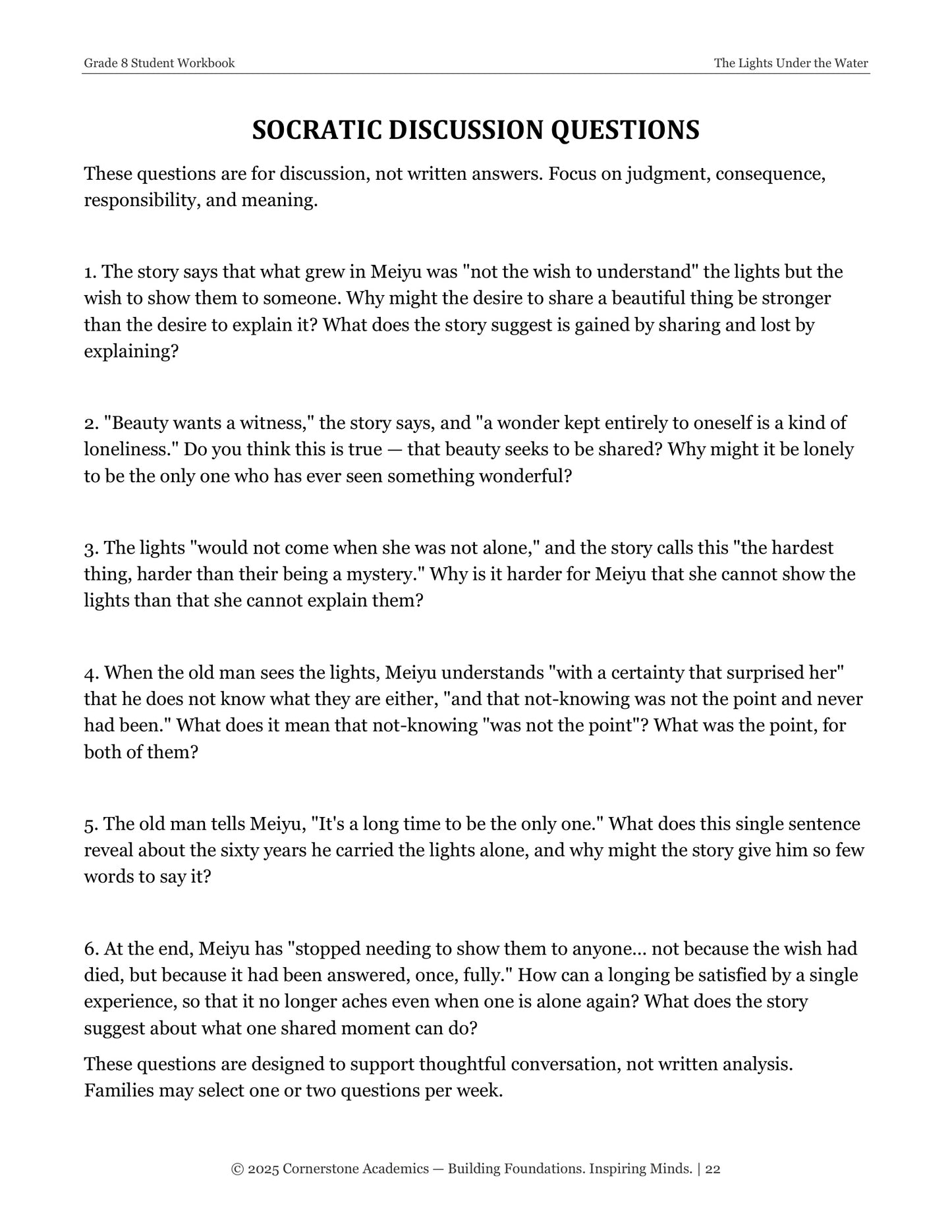 The Lights Under the Water | Grade 8 Classical Literature Packet | Cornerstone Academics