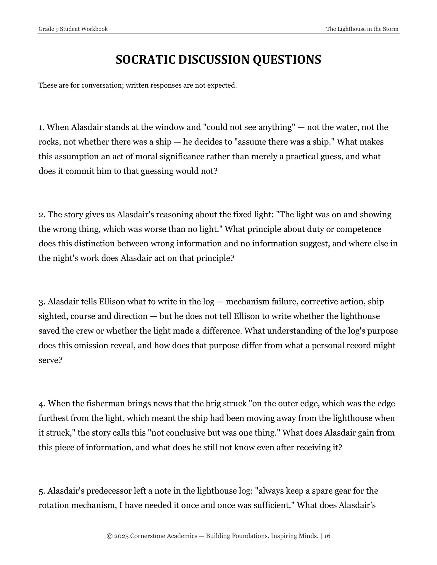 The Lighthouse in the Storm | Grade 9 Classical Literature Packet | Cornerstone Academics