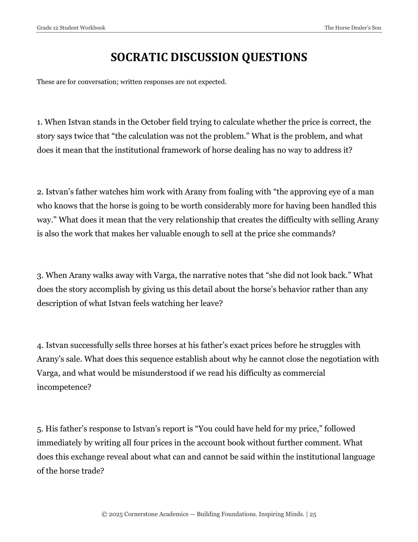 The Horse Dealer’s Son | Grade 12 Classical Literature Packet | Cornerstone Academics