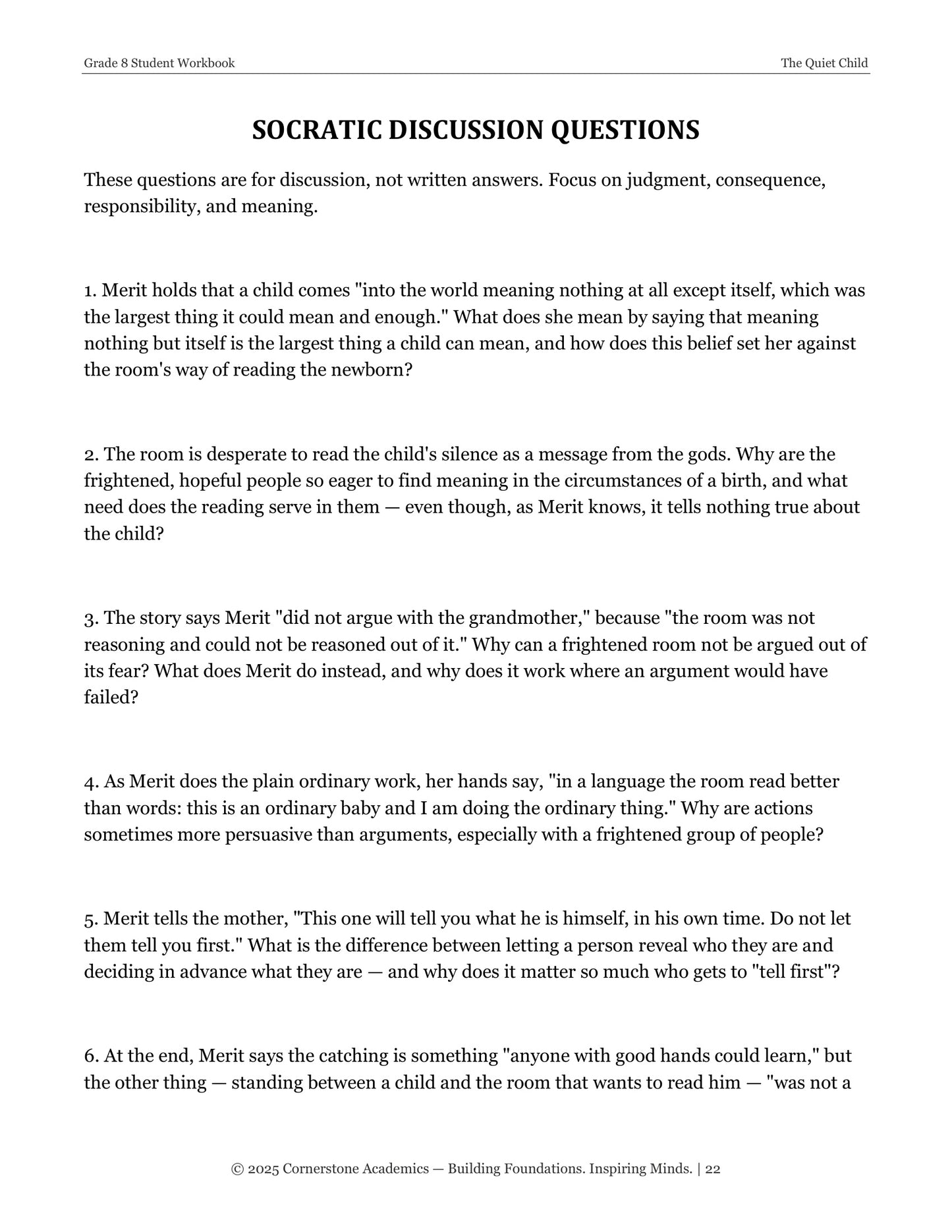 The Quiet Child | Grade 8 Classical Literature Packet | Cornerstone Academics