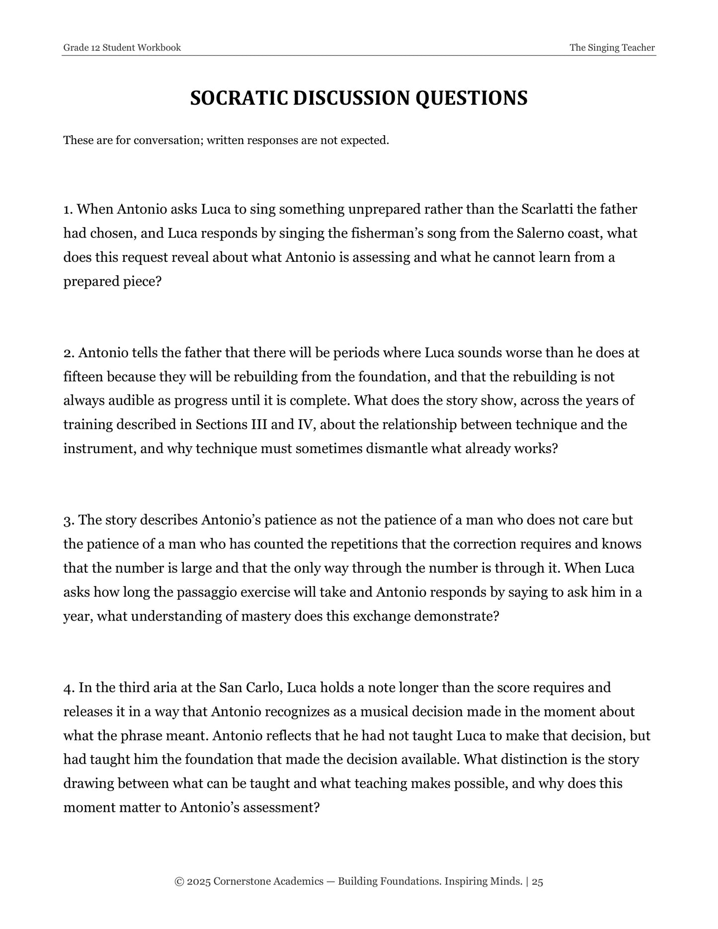 The Singing Teacher | Grade 12 Classical Literature Packet | Cornerstone Academics